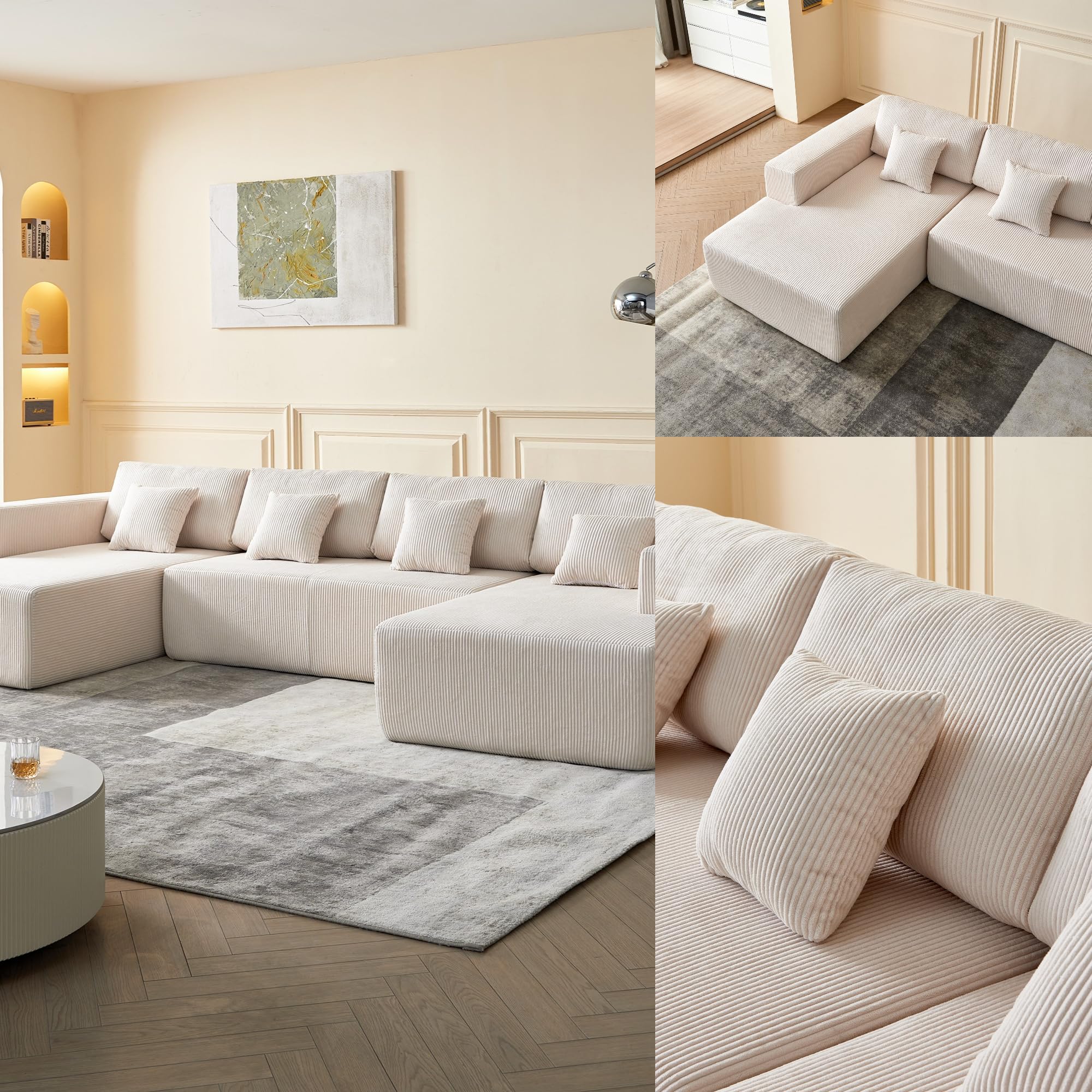 Luxury U-Shaped Sectional Sofa Set with Plush Corduroy Fabric & Reversible Chaise - 4-Seater Comfort Couch with Supportive Backrests for Living Room, Apartment - Perfect for Family Gatherings & Movie Nights (White)
