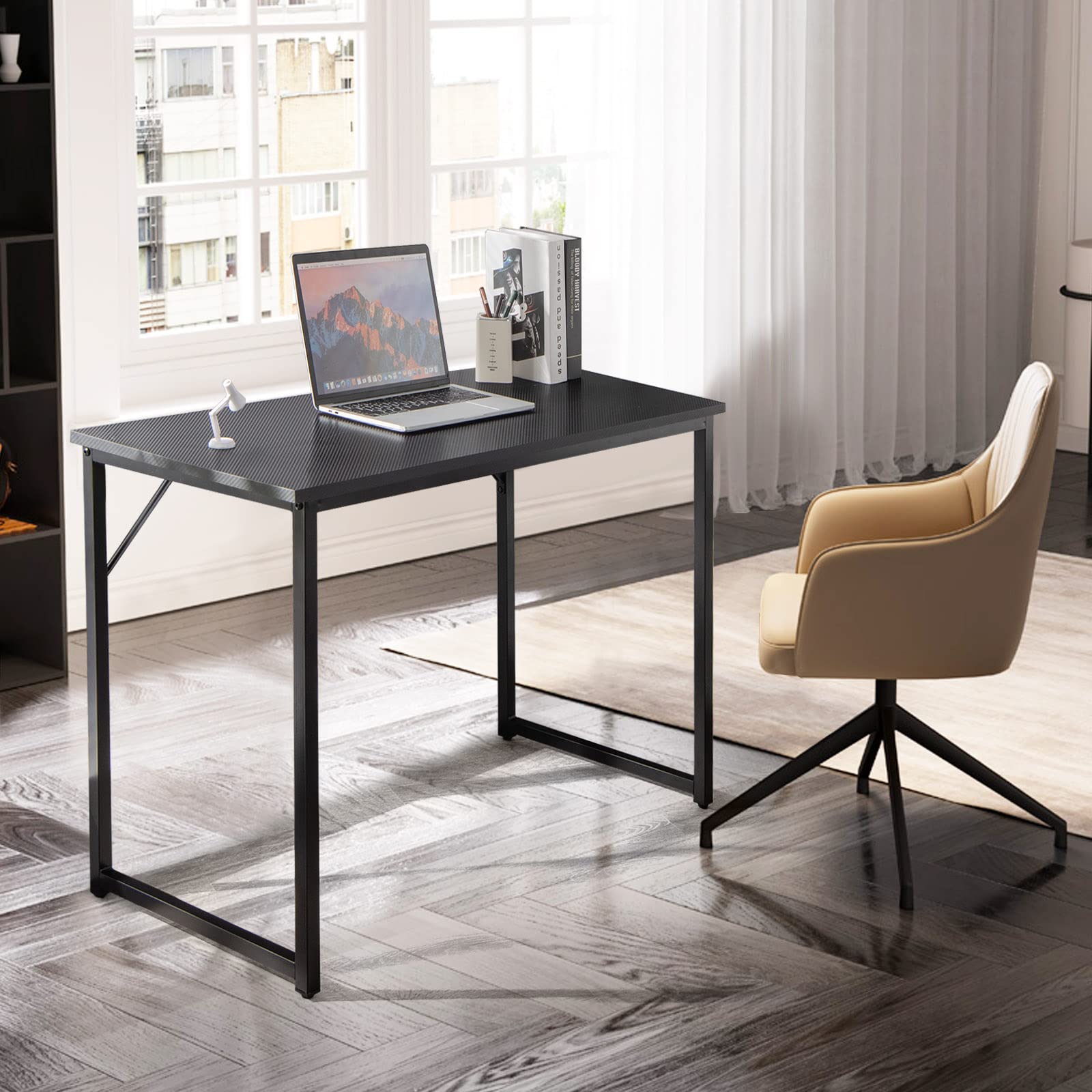 Hysache Modern Computer Desk - Home Office Workstation with Metal Frame & Cross Bar Support, Simple Writing Desk for Laptop & Study, Black | Perfect for Small Spaces, Remote Work & Student Dorm Rooms
