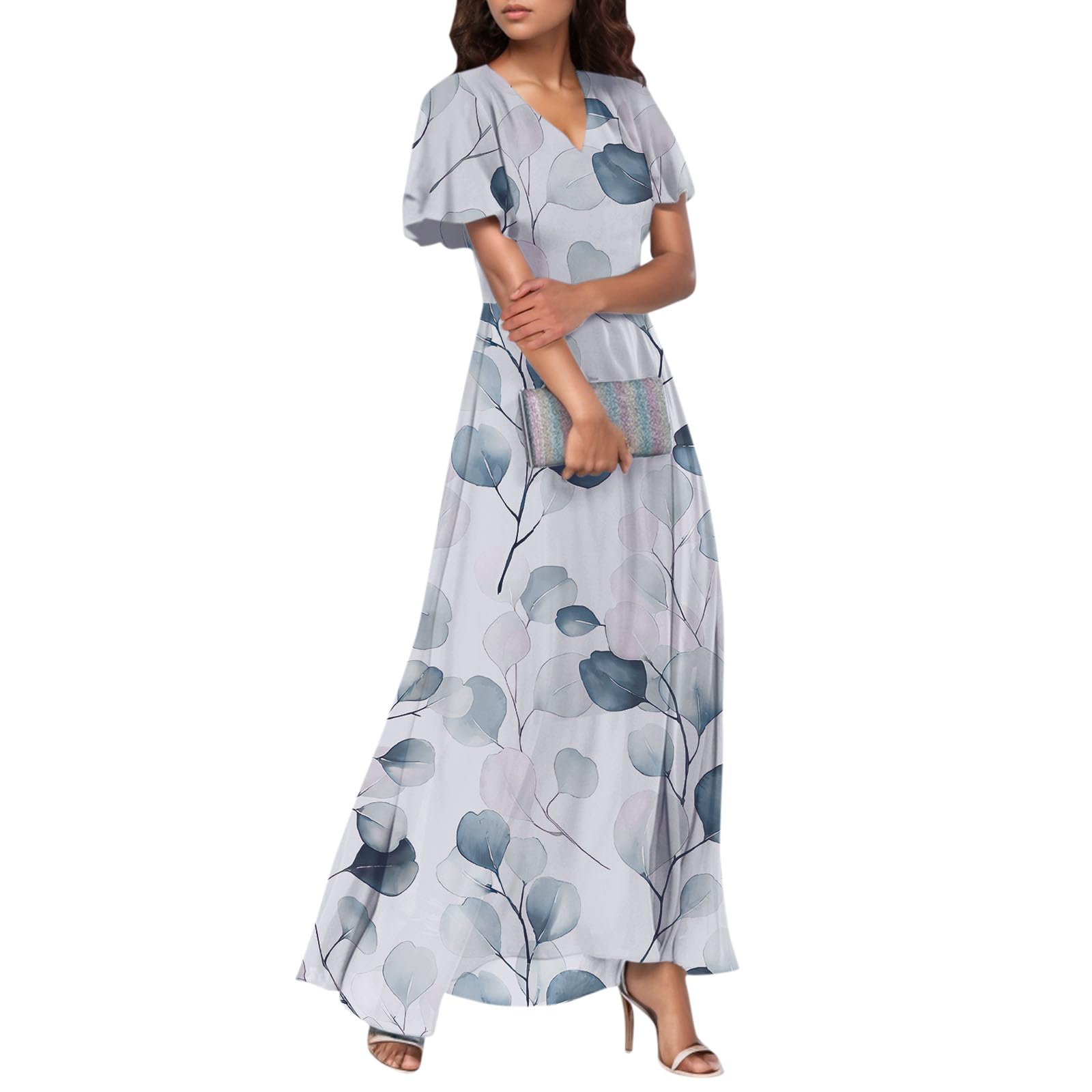Women's Floral Chiffon Maxi Dress with Ruffle Sleeves - V Neck Empire Waist Boho Flowy Long Dress for Summer, Wedding Guest, Beach Vacation & Special Occasions