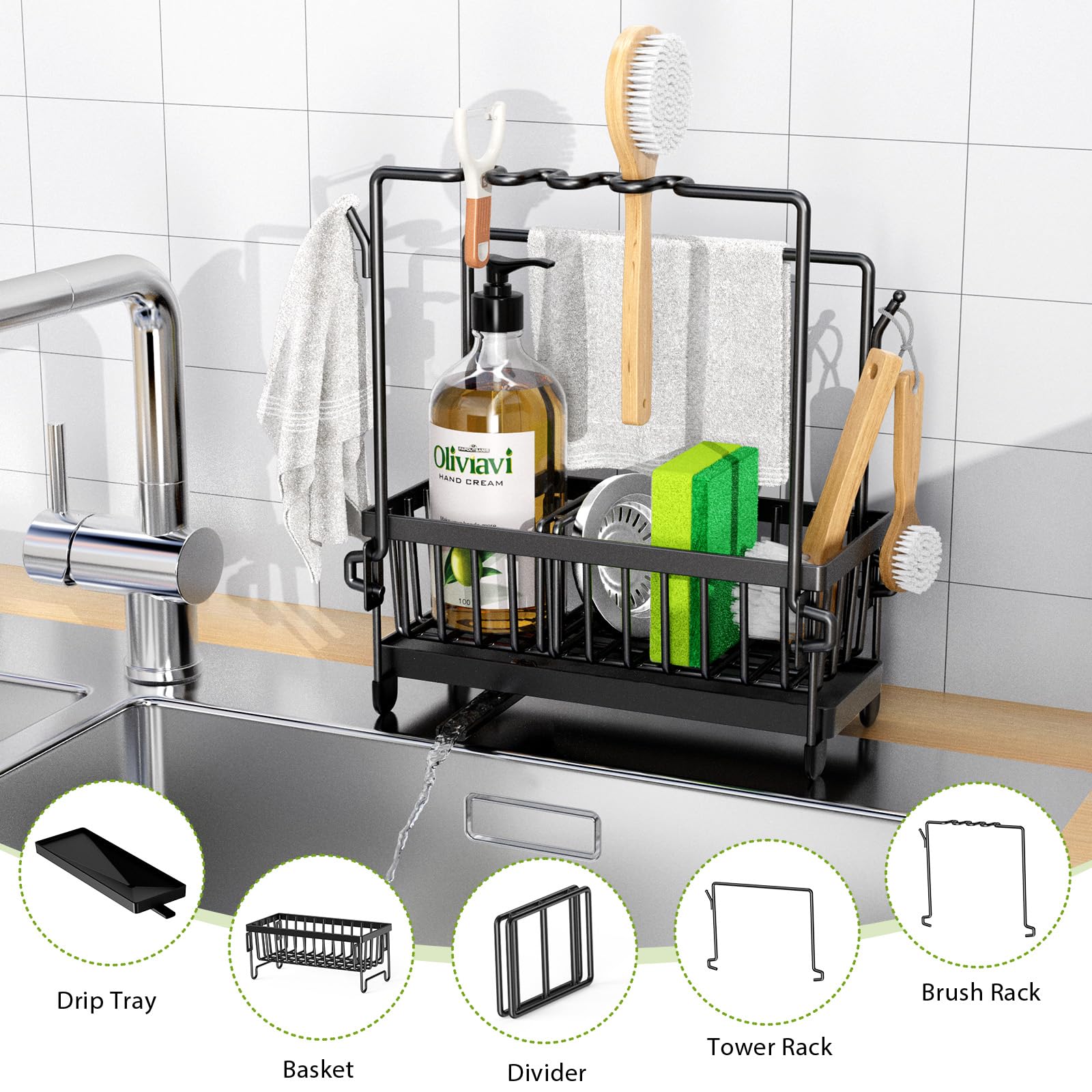 Stainless Steel Kitchen Sink Organizer with Removable Drain Tray & Sponge Holder - Adjustable Partitions, Dishcloth Hanger & Brush Drainer - Perfect for Small Kitchen Organization & Sink Storage (Black) - Ideal for Apartment, RV, and Compact Kitchen Spaces