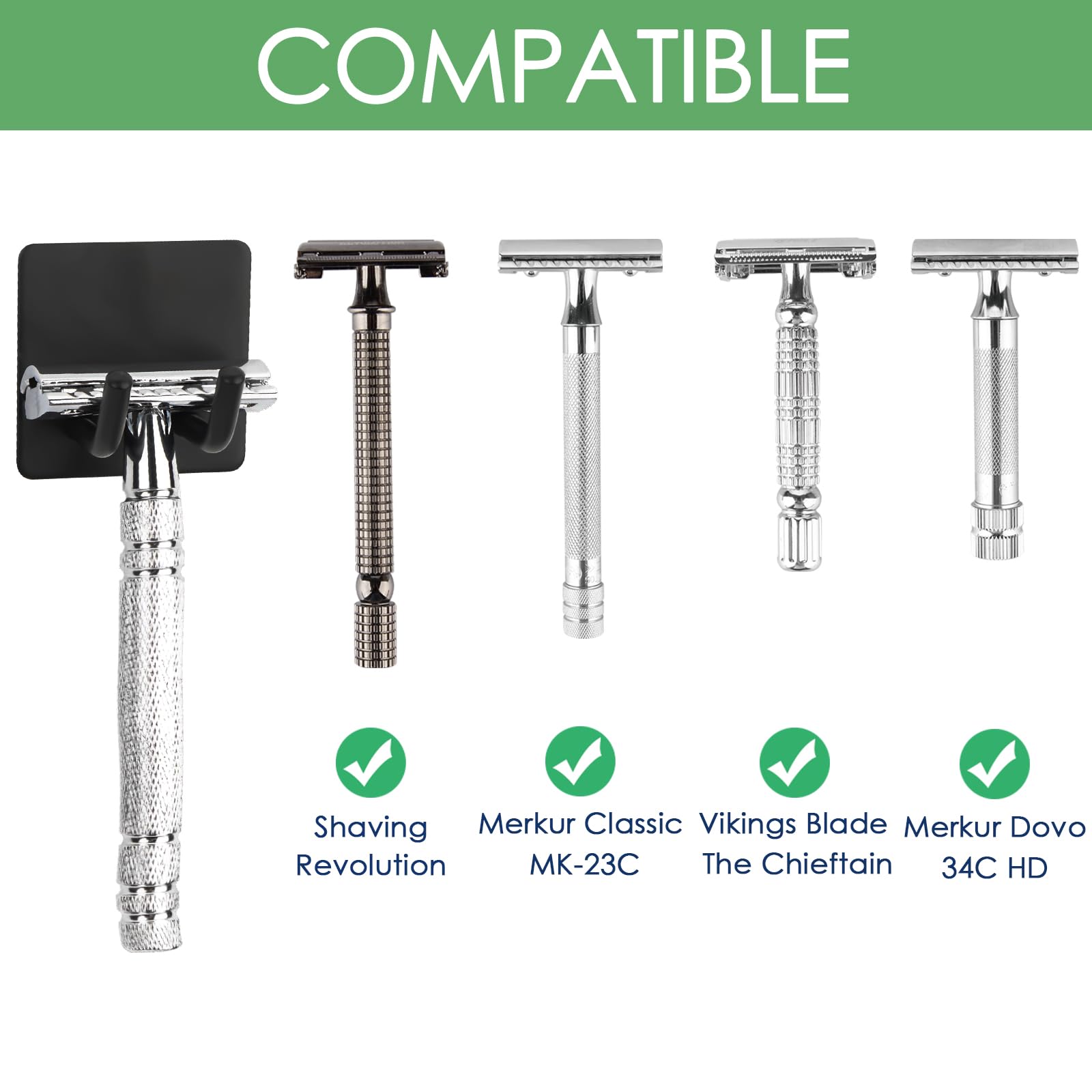 Linkidea 2-Pack Self-Adhesive Razor Holder for Shower - Wall Mount Shaver Hooks Compatible with Gillette Venus Platinum, Fusion 5 Proshield & Mach 3 Classic - Bathroom Organizer (Black) - Perfect for Shower Storage & Razor Organization
