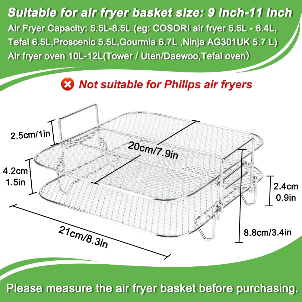 BYKITCHEN 2-Tier Square Air Fryer Rack - Compatible with Cosori XXL 5.5L, Instant Vortex Plus 8.5L, Tefal EasyFry 6.2L/6.5L & Gourmia Air Fryers - Durable Air Fryer Accessories for Cooking, Baking & Roasting - Perfect for Chicken Wings, French Fries & Vegetables
