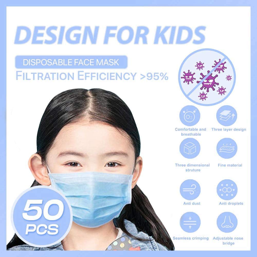 50 Pcs Kids Disposable Face Masks - 3-Ply Breathable Blue Ear Loop Face Coverings for Children & Teens - School, Outdoor Play & Daily Safety Protection