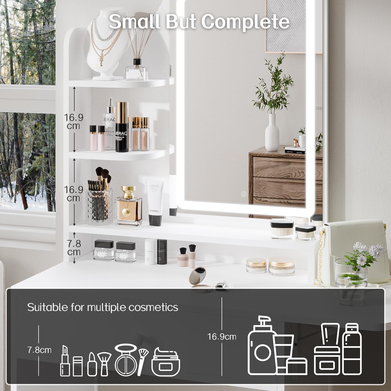 Haewon White Small Vanity Desk Set with Mirror & LED Lights - Compact Makeup Table with Charging Station, Storage & Chair - Perfect for Small Bedrooms, Dorm Rooms & Apartment Beauty Stations