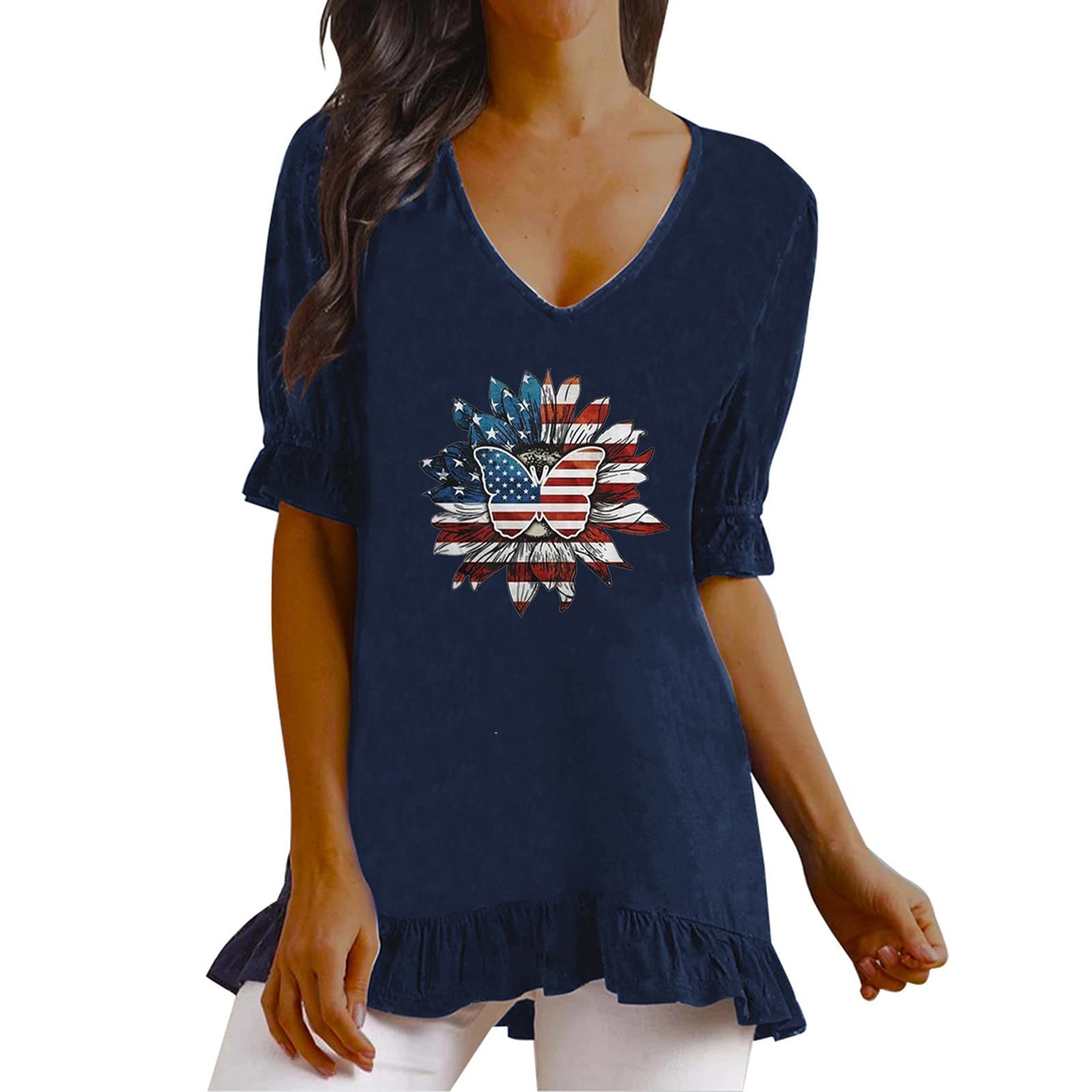 Women's Linen V-Neck Ruffle Blouse - Summer Casual T-Shirt Tee for Independence Day & Outdoor Activities | Breathable & Comfortable Top for Beach, Picnic, and Daily Wear