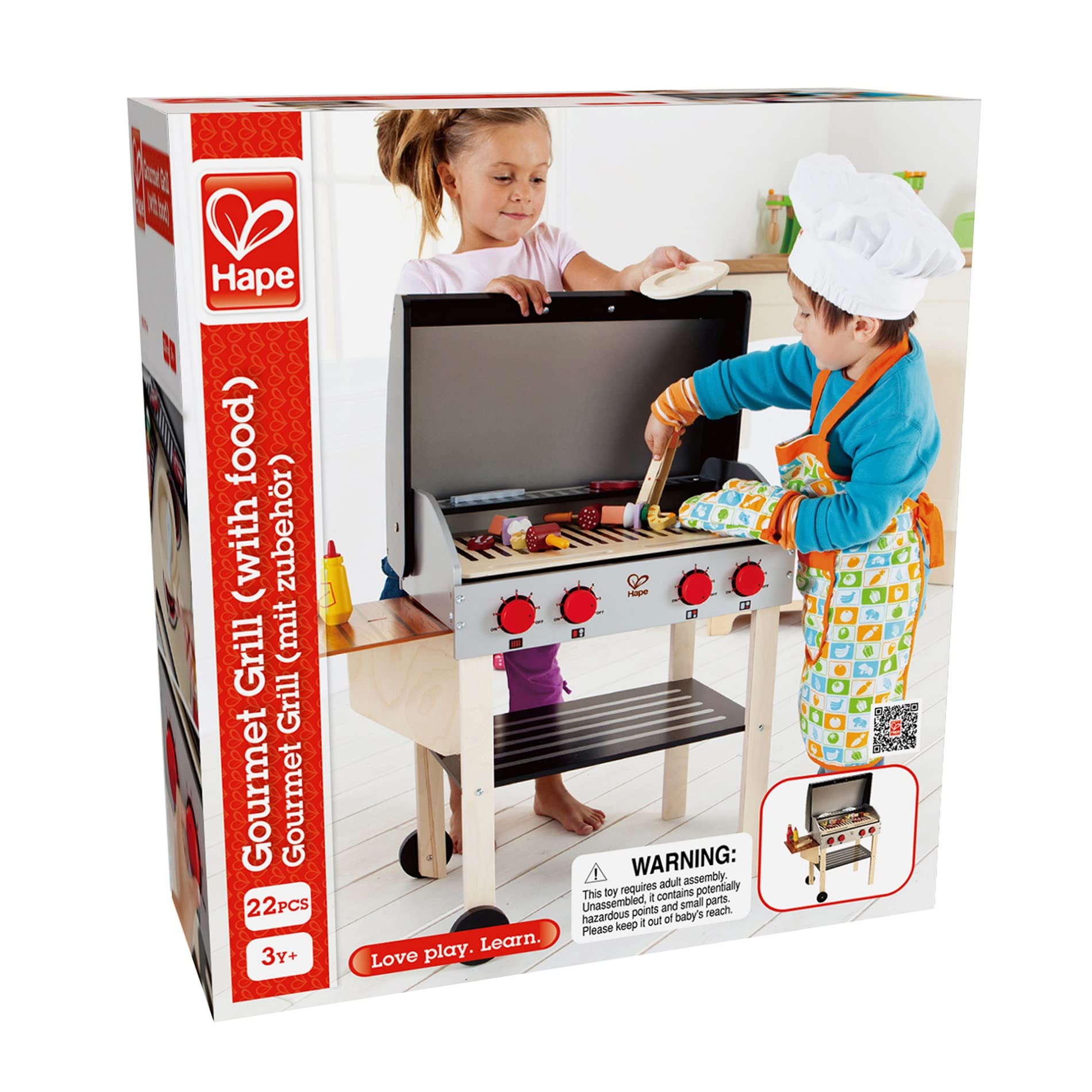 Hape Wooden Gourmet Grill and Shish Kabob Playset - Pretend Play BBQ Cooking Toy Set with Realistic Play Food for Kids | Outdoor & Indoor Role Play, Birthday Gift for Toddlers & Preschoolers