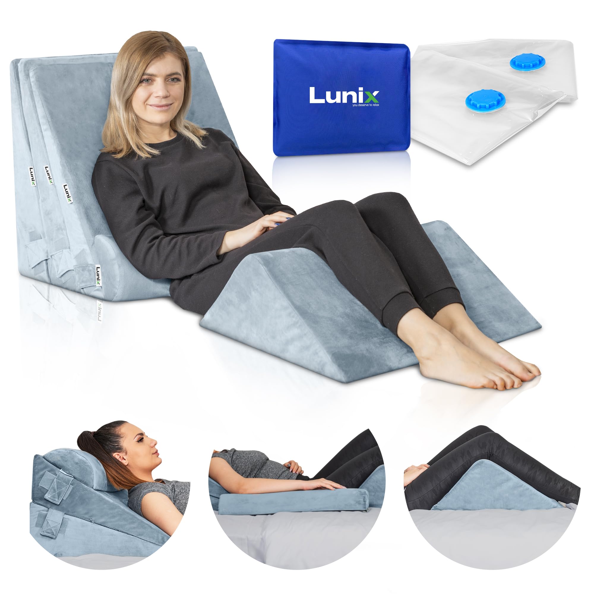 5pcs Orthopedic Bed Wedge Pillow Set for Back, Leg & Knee Pain Relief - Post Surgery Memory Foam Pillows with Hot/Cold Pack - Adjustable Support for Sleeping, Acid Reflux & GERD - Perfect for Home Recovery & Comfort (Gray)