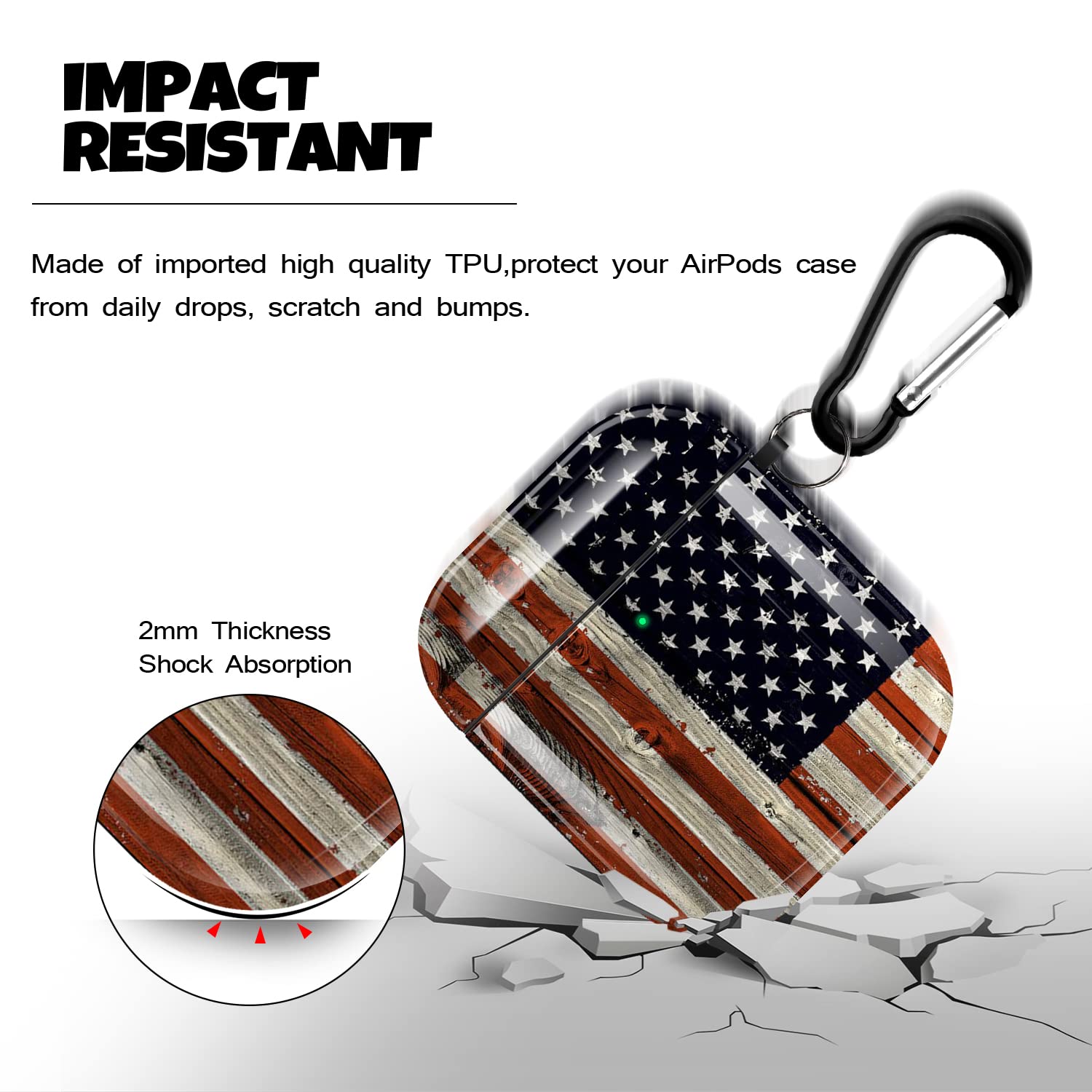 American Flag AirPod Case for AirPods 1/2 - Shockproof Cover with Keychain & LED Visible - Perfect for Travel & Outdoor Use
