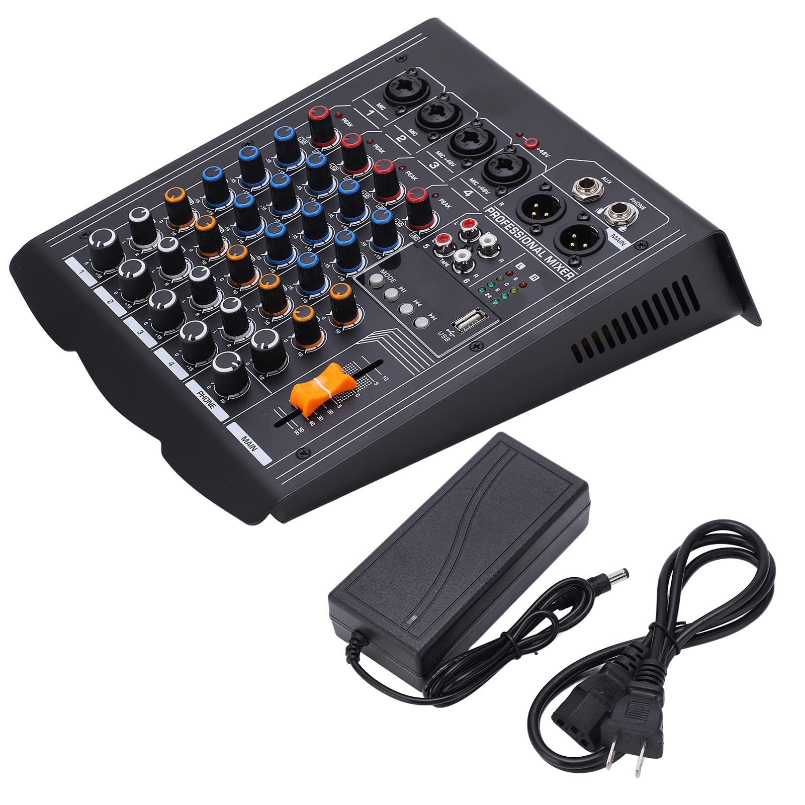 4 Channel Audio Mixer - Professional 2 Stereo Sound Controller with US Plug (AC100-250V) | Portable DJ Mixing Console for Live Performances, Studio Recording & Home Music Production