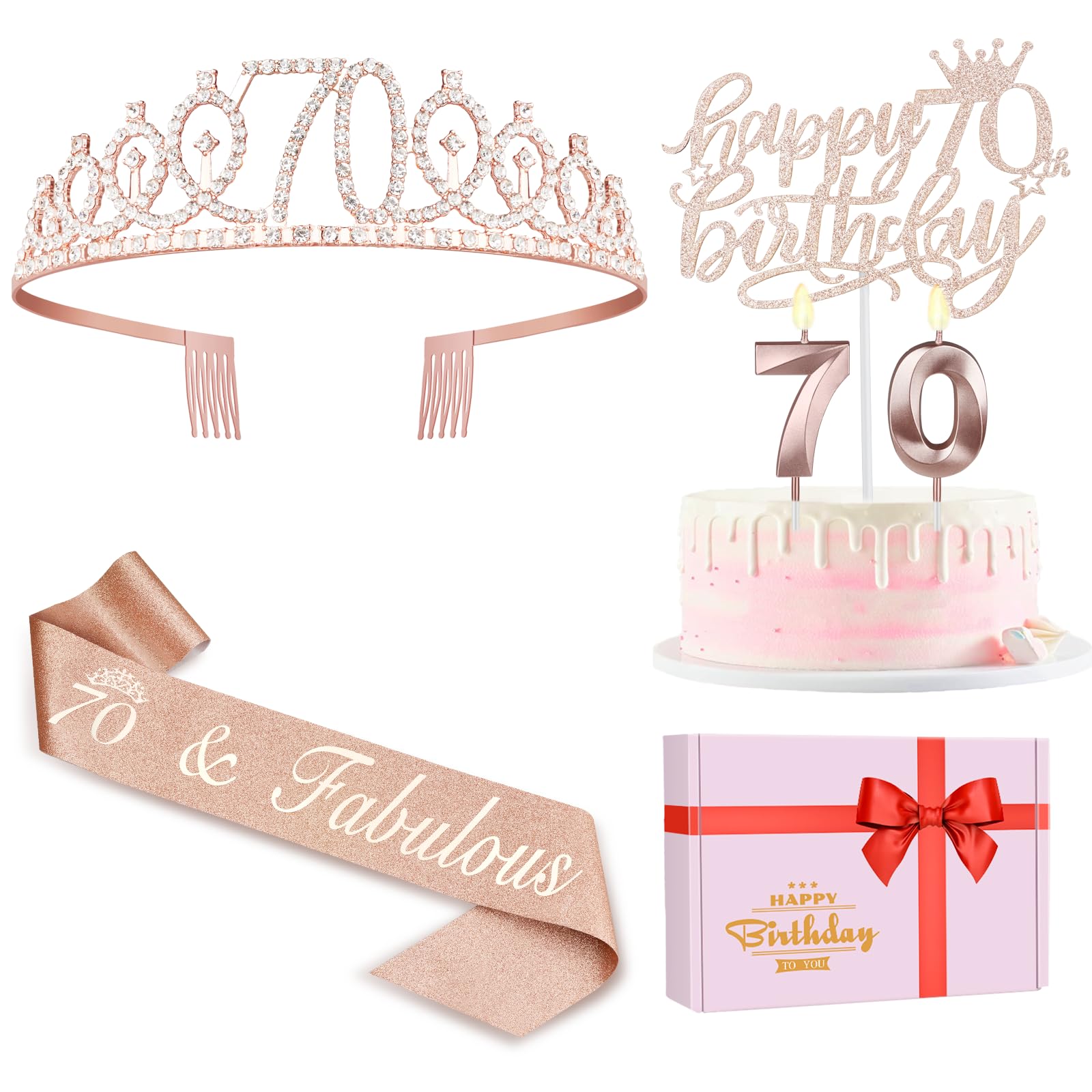 Elegant 70th Birthday Party Decorations for Women - Sash, Crown/Tiara, Candles & Cake Topper Set - Perfect 70th Birthday Gifts for Mom, Grandma - Great for Milestone Celebrations & Retirement Parties
