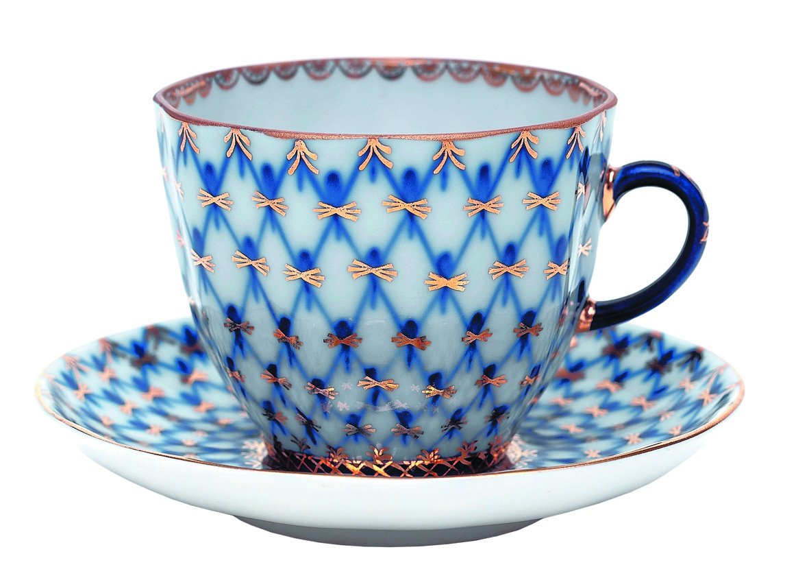 Lomonosov Porcelain Coffee Cup and Saucer Set - Hand-Painted Tulip & Cobalt Net Design - Elegant Tea & Espresso Cup for Home, Cafe, or Gift