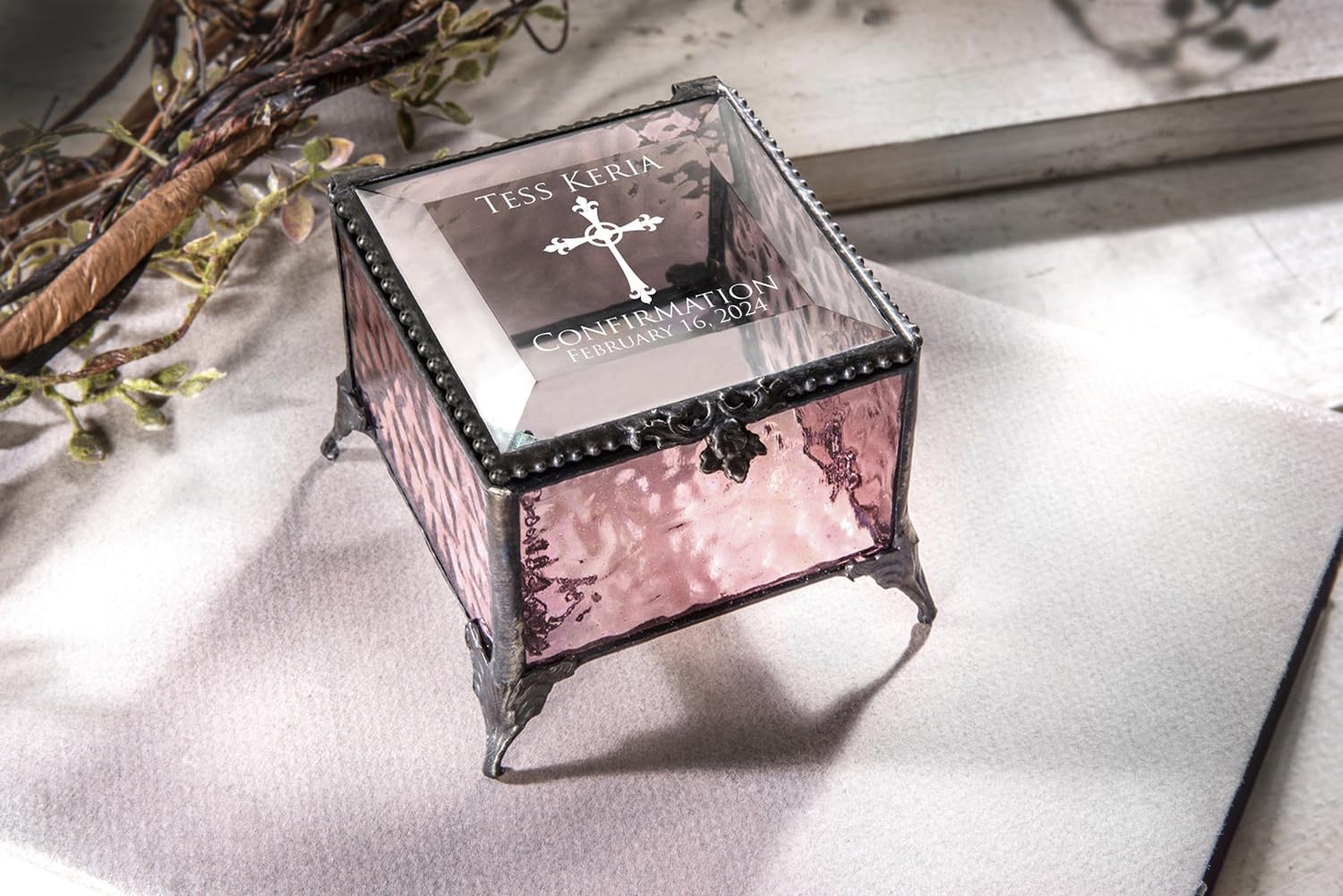 Personalized Engraved Jewelry Keepsake Box for Girls - Stained Glass Confirmation Gift with Custom Name (Pink) - Perfect for Religious Ceremonies, Birthday Presents & Special Occasions