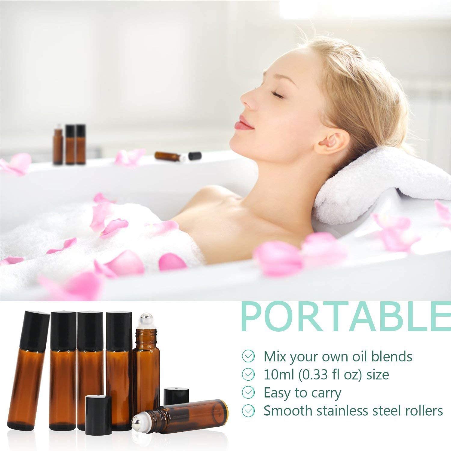 JARBAZAAR 6-Pack Amber Glass Roll On Bottles with Black Cap - 10ml Essential Oil Bottles for Perfumes, Lip Balms, Aromatherapy | Refillable, Reusable & Eco-Friendly Leakproof Roller Bottles - Perfect for DIY Beauty, Travel & Home Use
