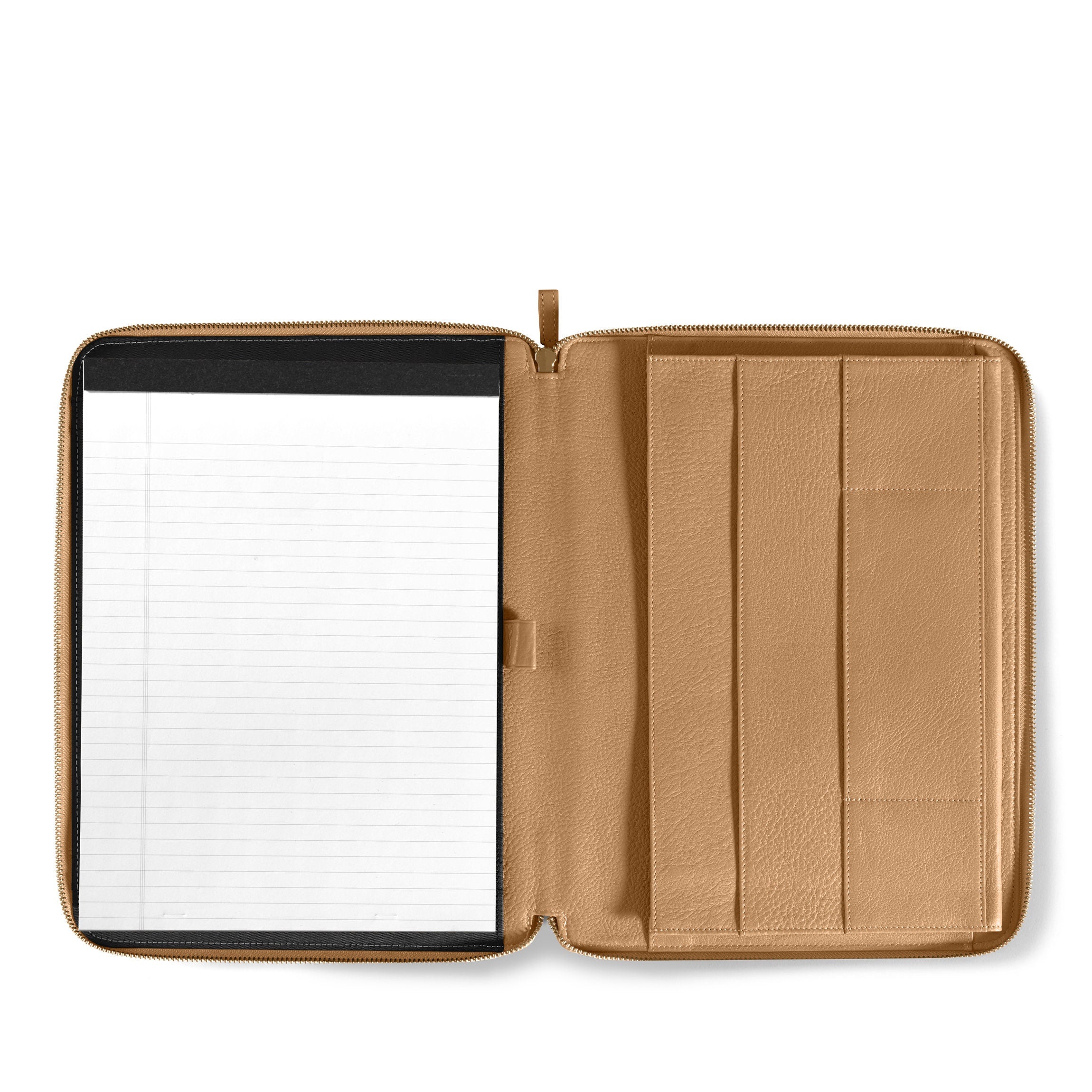 Left Handed Executive Zippered Leather Portfolio in Camel Color - Perfect for Business Meetings, Interviews & Professional Presentations