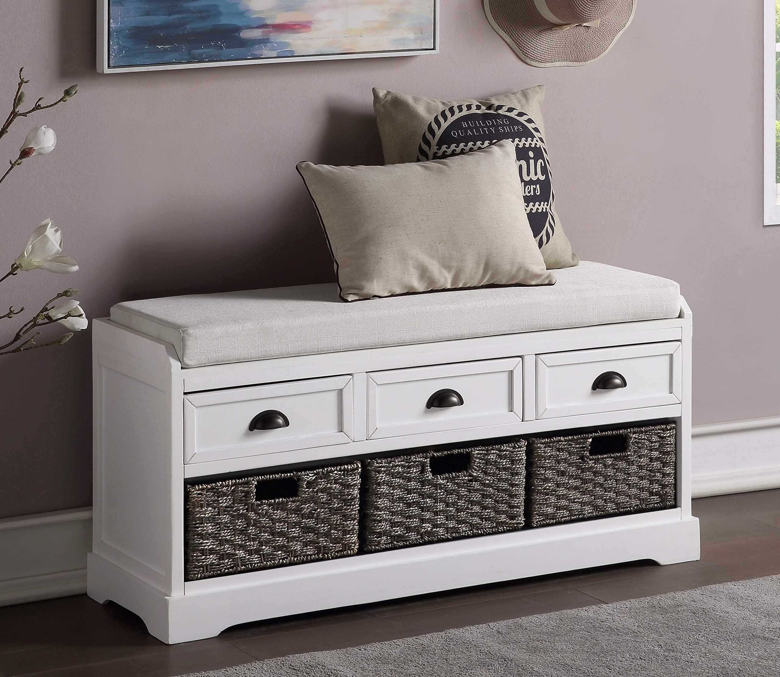 Wooden Storage Bench with 3 Drawers & Wicker Baskets - Entryway Shoe Bench with Removable Cushion for Hallway, Living Room, Bedroom - White Home Furniture for Organizing Shoes, Blankets & Home Decor