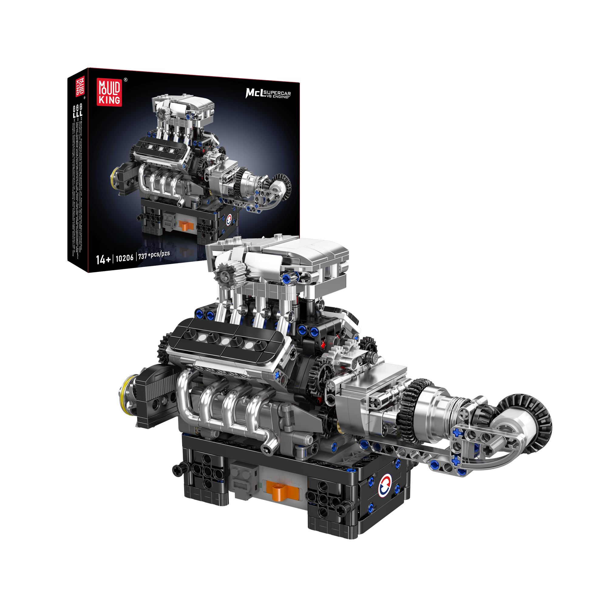 Mould King 10206 Turbocharged V8 Engine Model Building Kit - 737 Pieces STEM Toy for Adults & Kids | DIY Assembly, Educational Gift, Car Enthusiast Collection, Home & Office Display