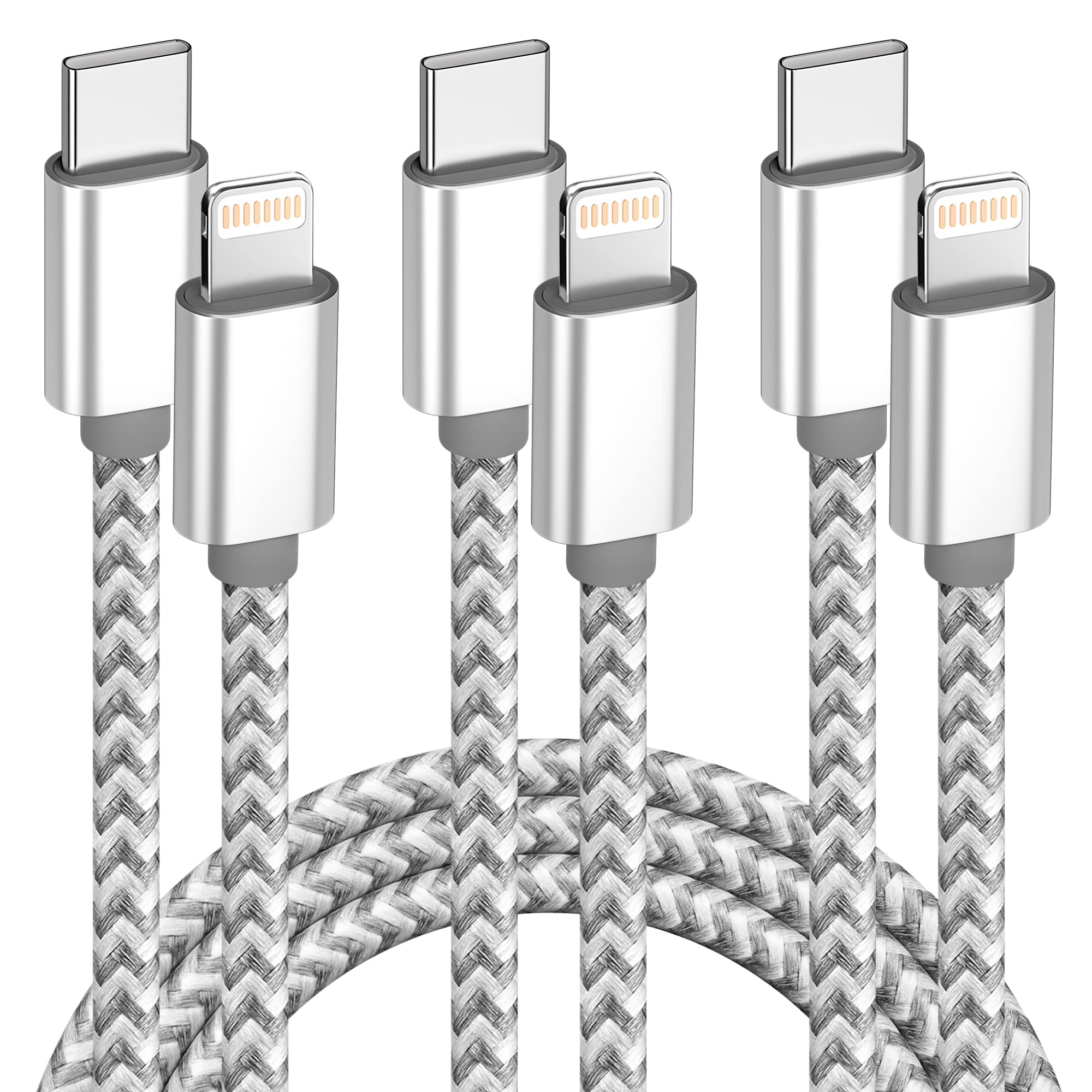 3-Pack 6FT USB C to Lightning Cable MFi Certified - Fast Charging Nylon Braided Cord for iPhone 13/12/11 Pro Max/XS/XR/8/7/6 Plus - Perfect for Home, Office & Travel Charging