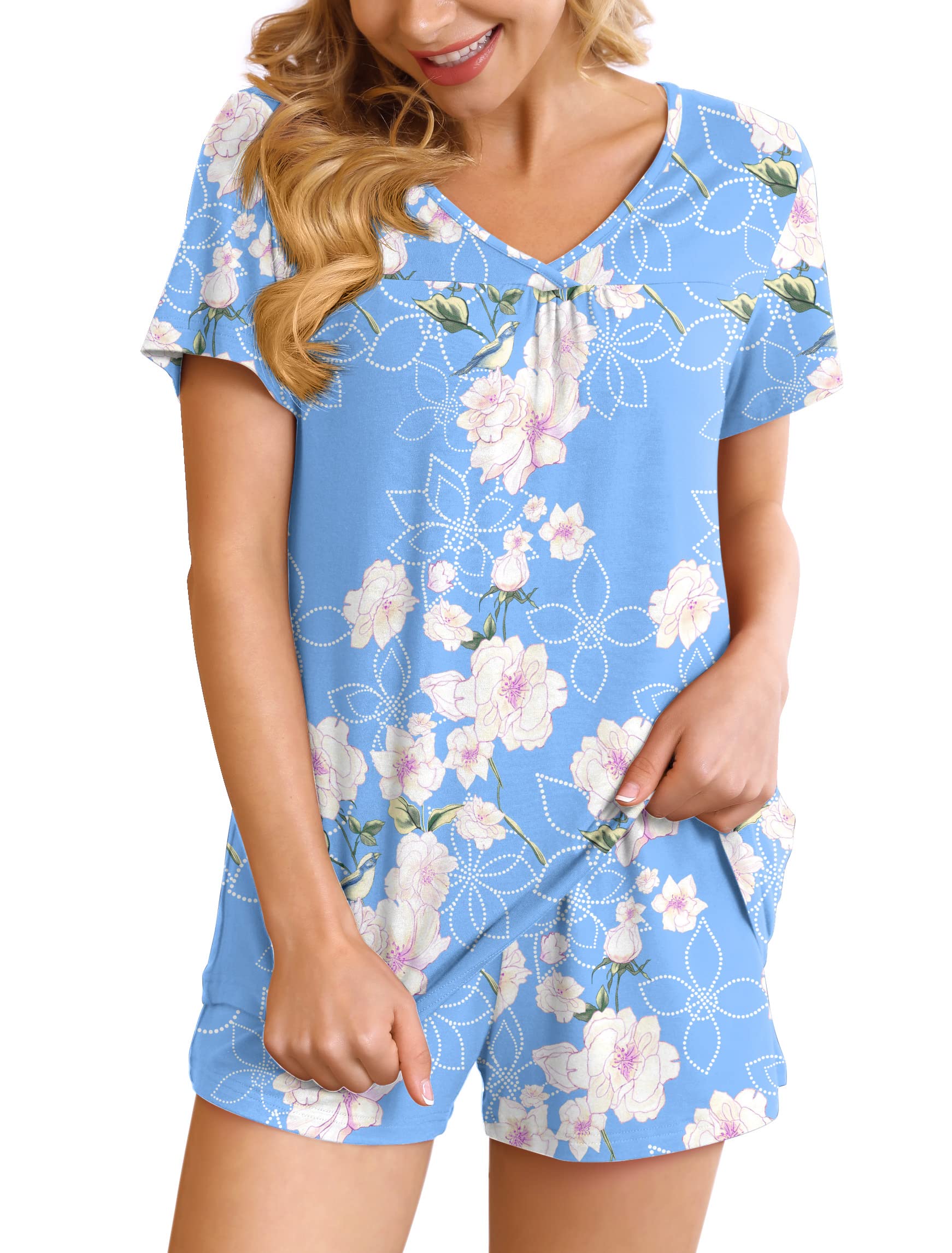 POKWAI Women's Soft Short Pajama Set - 2 Piece Sleepwear with Pockets | Comfortable Lounge Wear for Summer Nights & Relaxing at Home