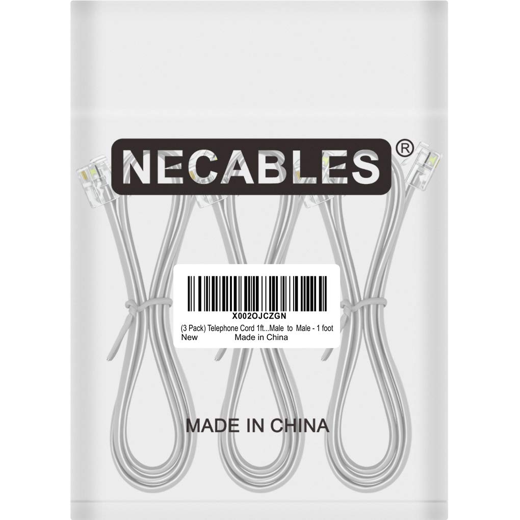 3-Pack NECABLES 1ft RJ11 6P4C Male to Male Telephone Cord - Short Phone Line Cable for Landline Phones, Fax Machines & Modems - Perfect for Home Office, Business & Telecom Setups