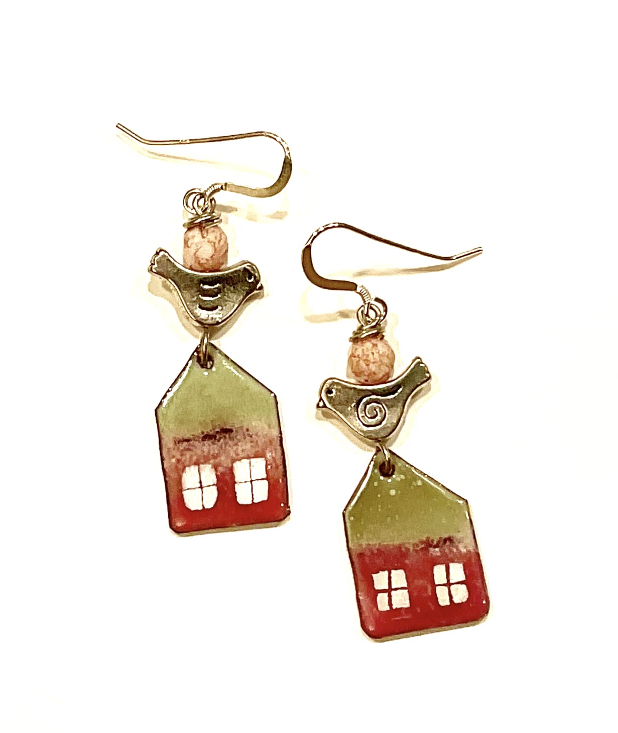 Handmade Enamel Bird Earrings - Sterling Silver Unique Raspberry Green Nature Jewelry - Perfect for Women's Daily Wear, Gift Giving & Boho Fashion Accessories