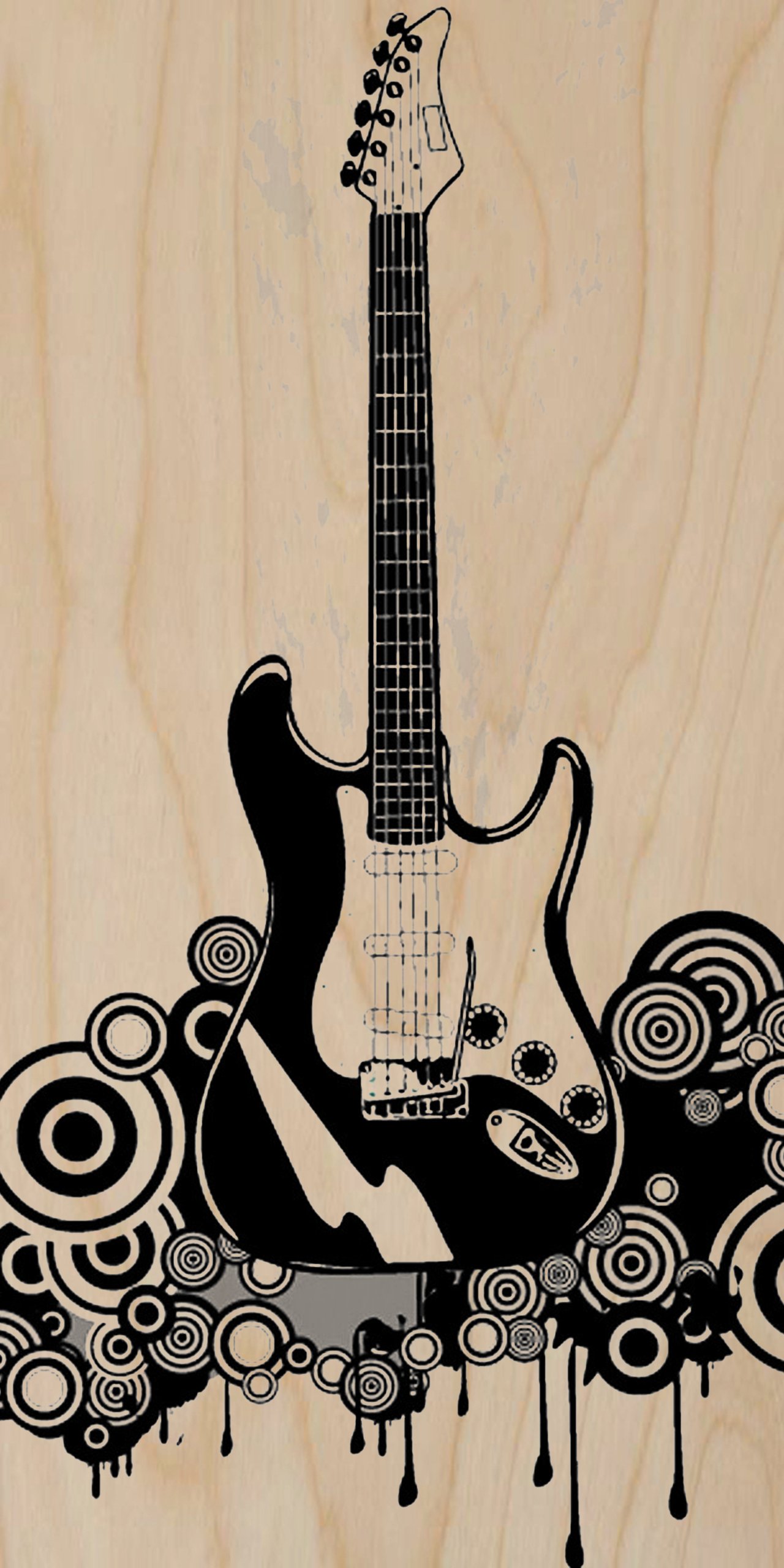 Electric Guitar Black & White Swirl & Circle Drip Design - Plywood Wood Print Poster Wall Art Decor for Music Room, Studio, or Gift Idea
