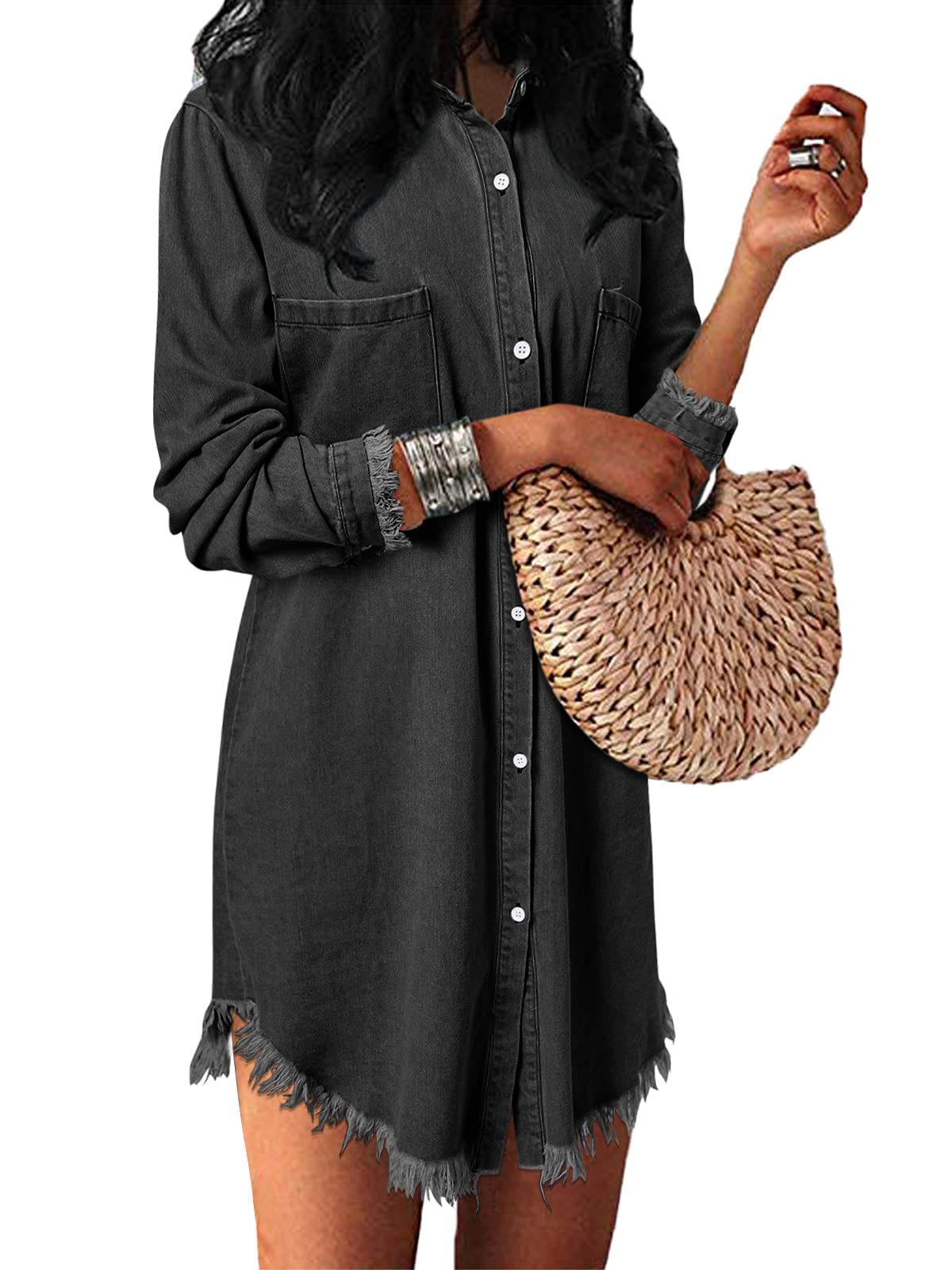 2024 Women's Spring Denim Shirt Dress - Western Cowgirl Style Button Down Chambray Top | Casual Nashville Outfits for Daytime, Music Festivals & Country Events