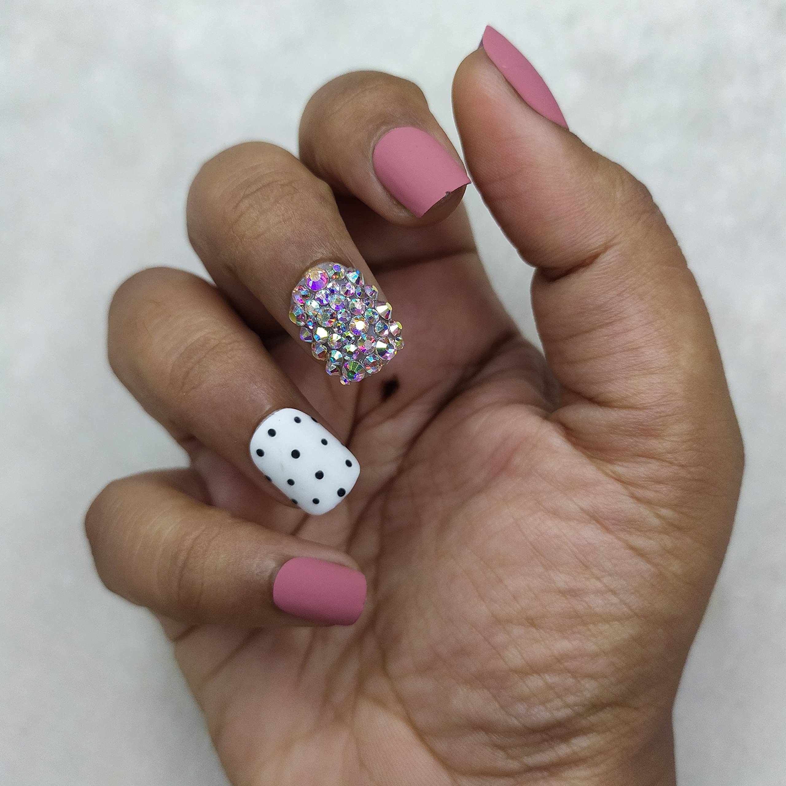 Matte Rose Black Dots Studded Press on Fake Nails - Square Artificial Nails with Complete Application Kit (20 Nails) | Perfect for Parties, Weddings & Special Occasions