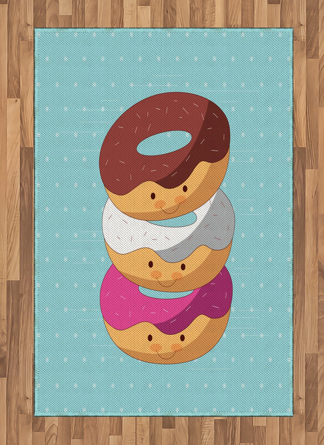 Ambesonne Anime Donut Cartoon Area Rug - Kawaii Colorful Donuts with Funny Faces on Blue Background, Non-Slip Flat Woven Accent Rug 4'x5'7