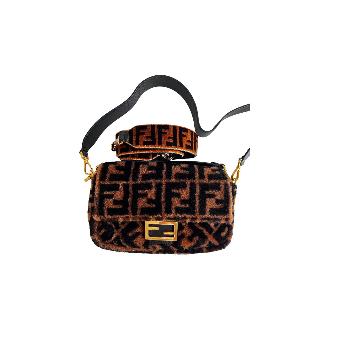 Fendi FF Shearling Baguette Bag with FF Velvet Strap - Luxury Crossbody Purse for Women, Perfect for Parties, Dates & Everyday Use
