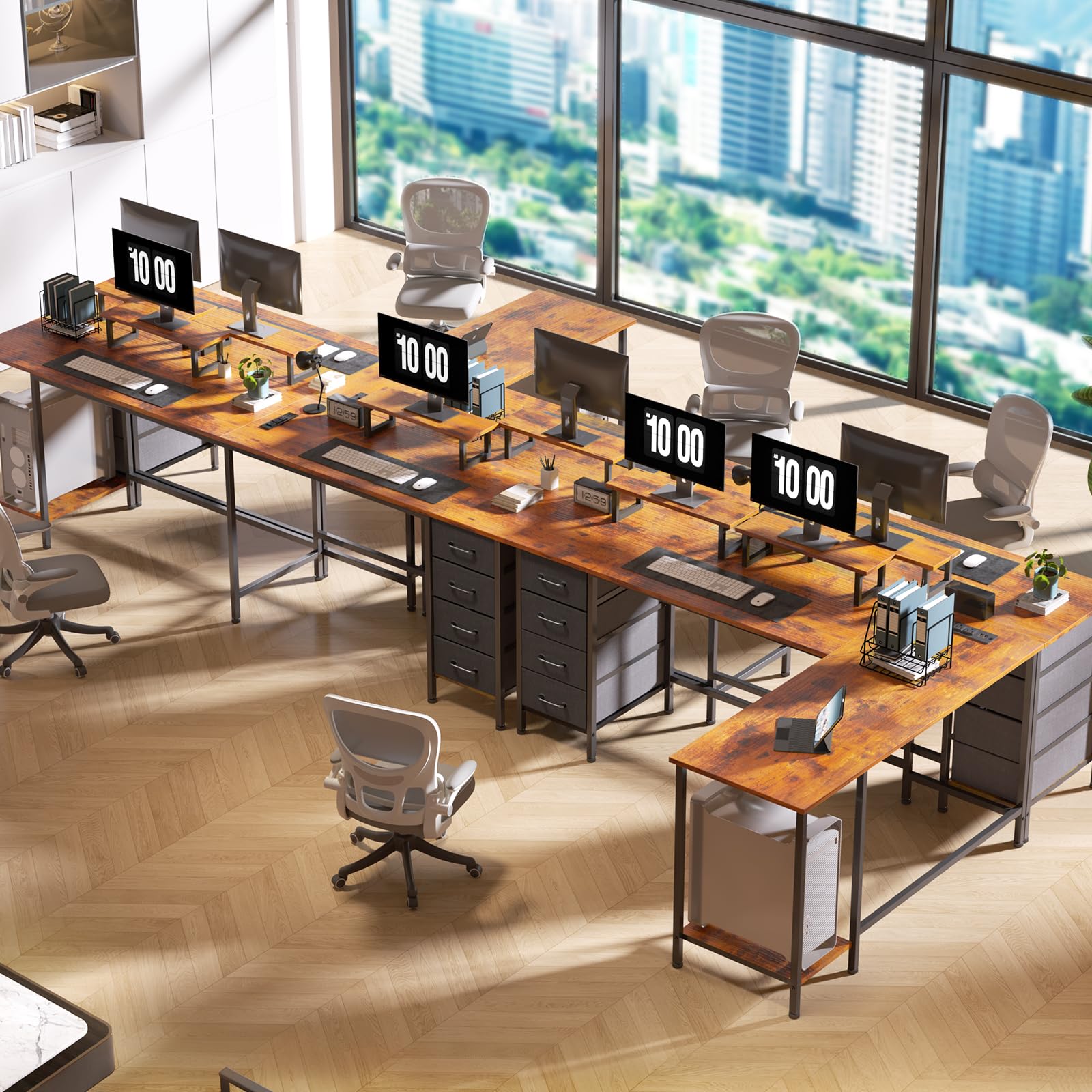 59 Inch L-Shaped Computer Desk with Power Outlets - Home Office Desk with 4 Adjustable Drawers & Dual Monitor Stands, Two-Person Gaming Desk for Bedroom, Rustic Brown - Perfect for Small Spaces & Multi-Monitor Setups