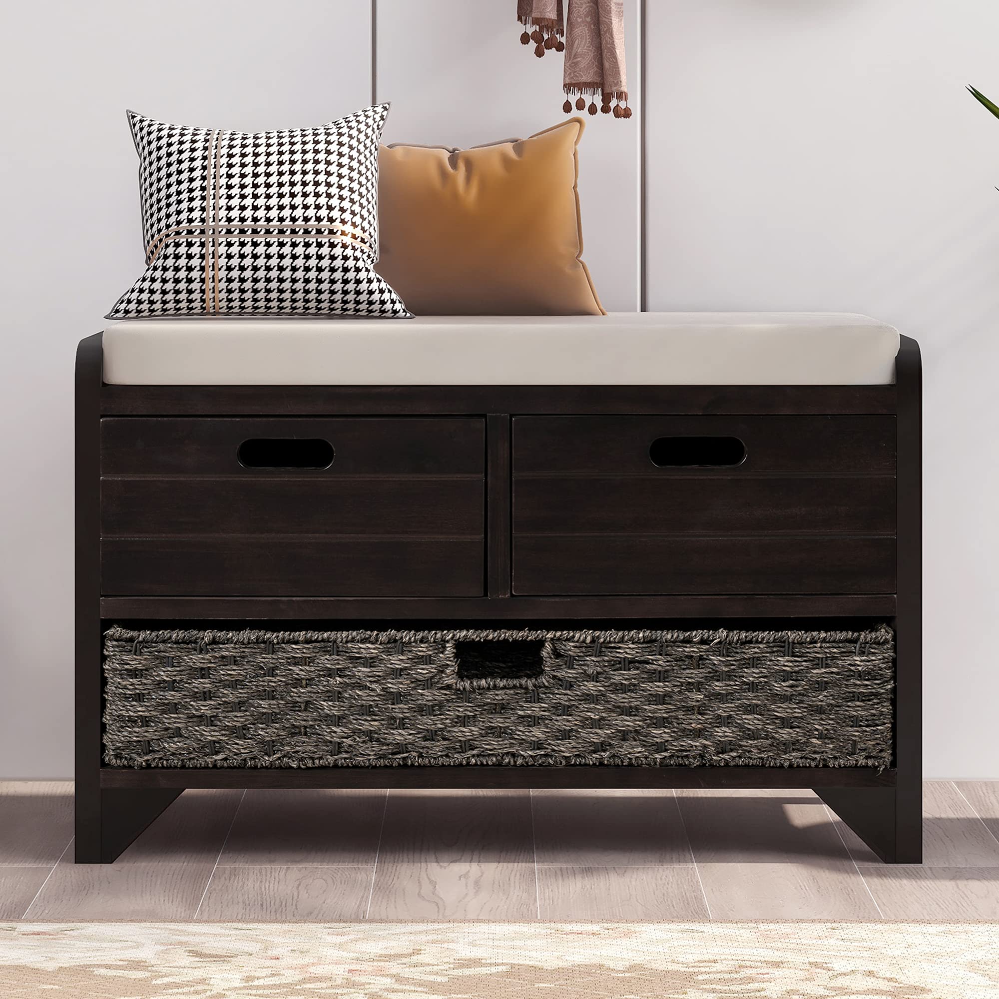 P PURLOVE Fully Assembled Wooden Storage Bench with 2 Removable Baskets & Drawer - Entryway Shoe Bench with Cushion for Hallway, Living Room, Bedroom - Home Organization & Decorative Furniture for Small Spaces