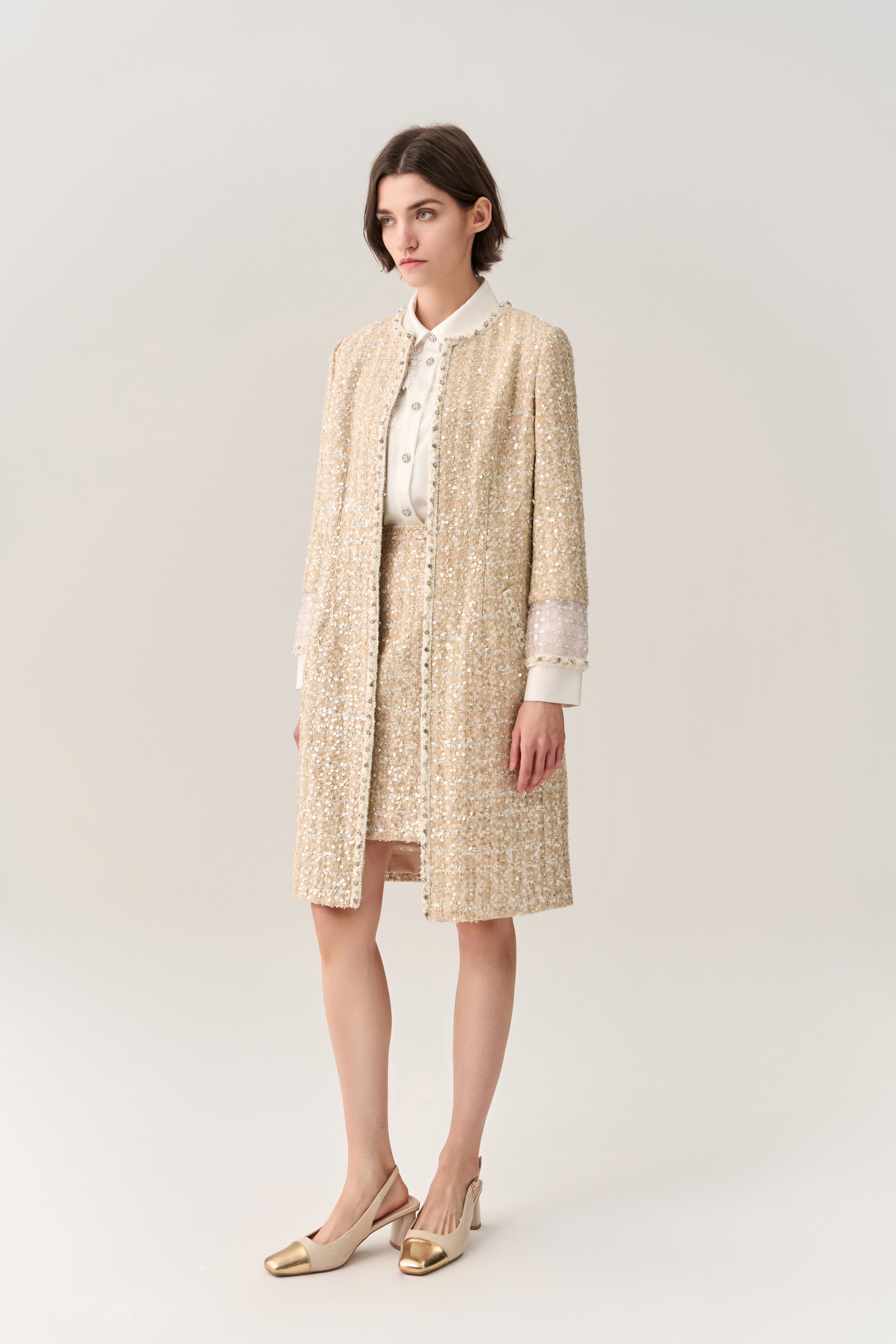 Elegant Organza Cuff Slit Detail Tweed Maxi Coat for Women | Fashionable Winter Long Coat | Perfect for Office, Party & Formal Occasions