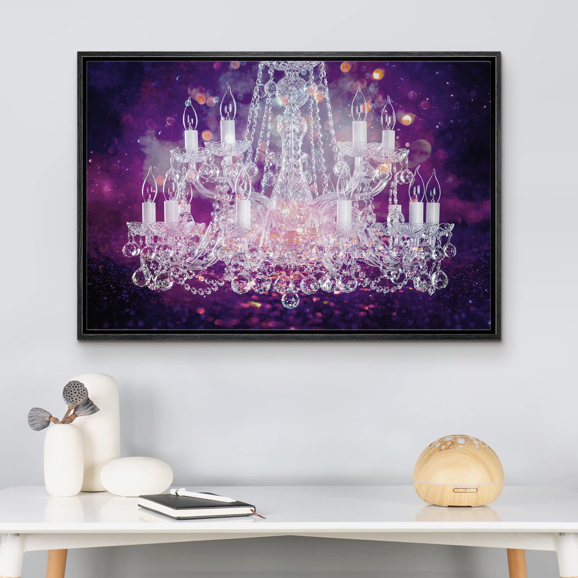 Purple Glitter White Crystal Chandelier Framed Canvas Wall Art - 16x24 Inch Contemporary Home Decor for Living Room, Bedroom & Office - Elegant Digital Print Creates Relaxing & Calming Atmosphere