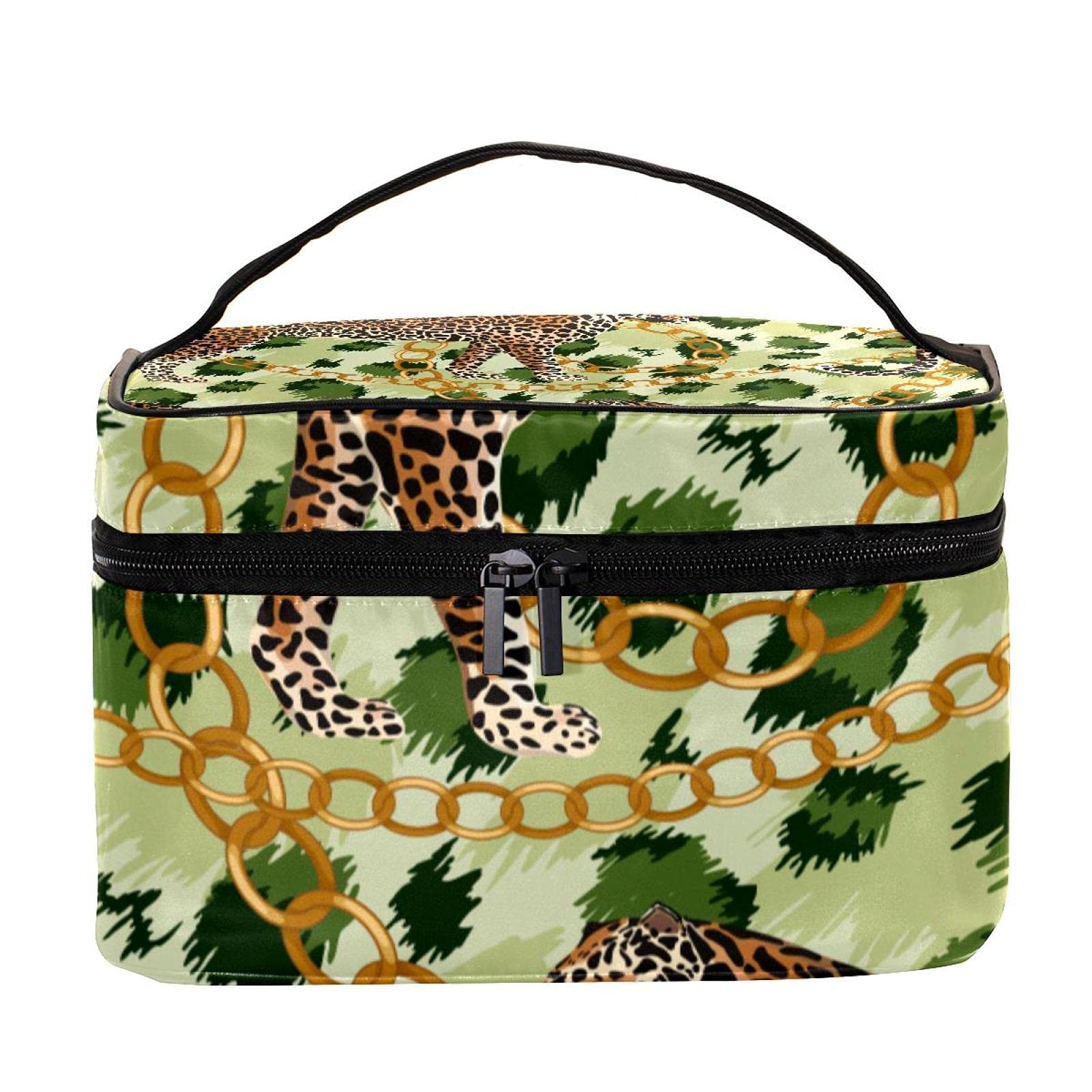 Stylish Leopard Print Gold Chain Green Tiger Skin Travel Makeup Bag - Large Cosmetic Organizer with Zipper for Women & Girls | Perfect for Vacation, Gym, and Daily Essentials Storage