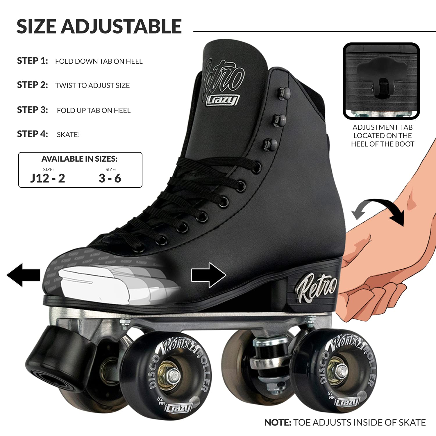 Crazy Skates Retro Roller Skates - Adjustable & Fixed Sizes for Men, Women & Kids | Classic Quad Roller Skates for Indoor & Outdoor Use | Perfect for Rink, Park & Street Skating