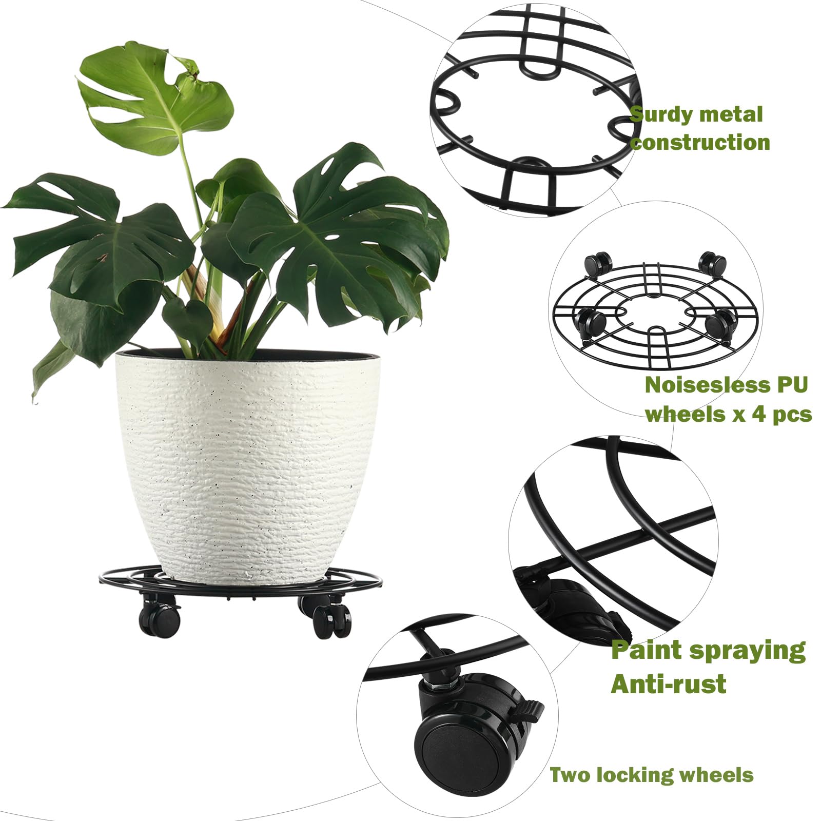4-Pack 13.7-Inch Heavy-Duty Metal Plant Caddy with PU Wheels - Indoor/Outdoor Rolling Plant Stand, Wrought Iron Planter Mover with Casters for Potted Plants, Garden, Patio & Home Decor