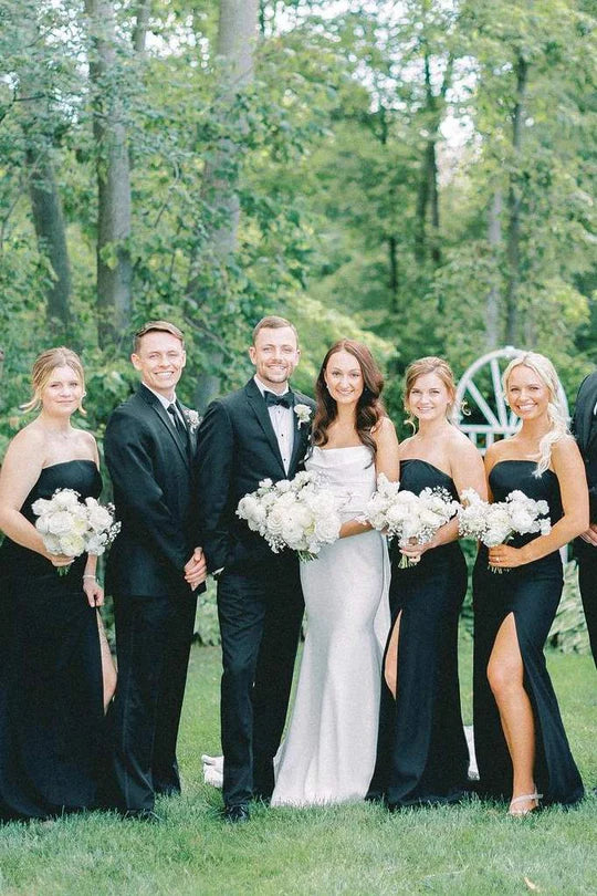 Elegant Black Satin Strapless Mermaid Bridesmaid Dress with High Slit - Perfect for Weddings, Prom, and Formal Evening Events