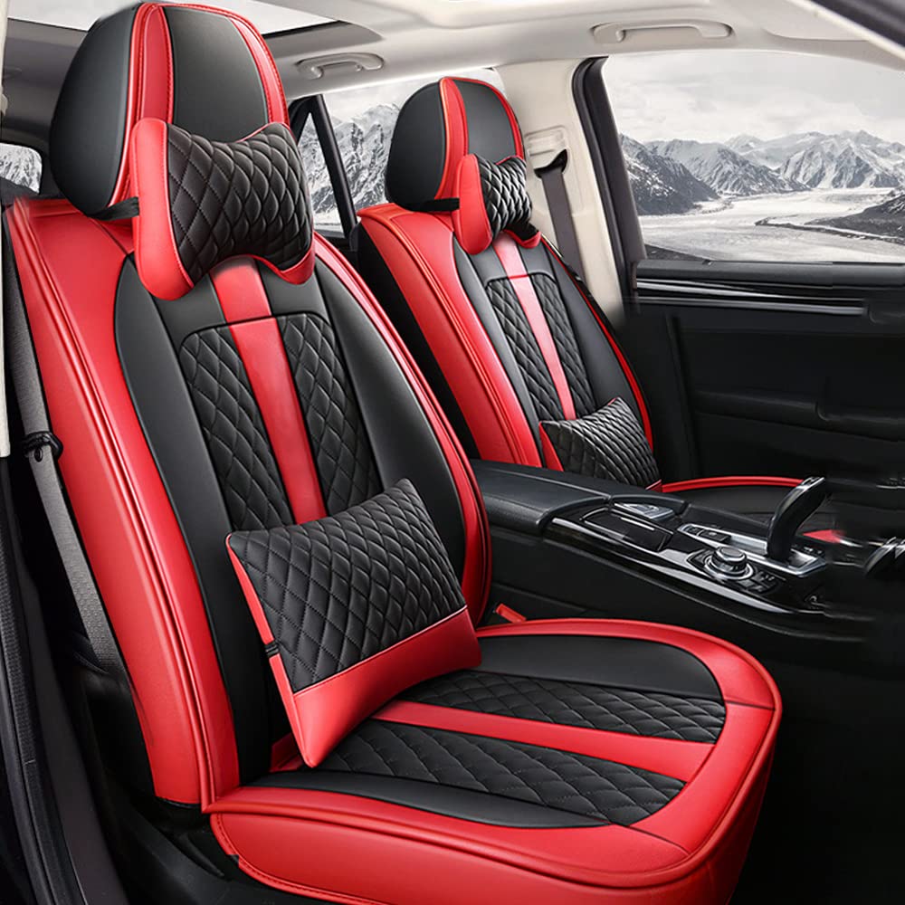 Premium Genuine Leather Car Seat Covers for Infiniti Q50 Q60 - Waterproof, Scratch-Resistant, Non-Slip Design with Airbag Compatibility (Full Set, Black/Red) - Perfect for Luxury Car Protection & Style Enhancement