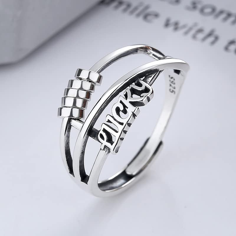 Anxiety Relief Lucky Ring – 925 Sterling Silver Spinner Ring for Women & Men – Stress Relief Fidget Jewelry – Adjustable Size Elegant Design – Perfect for Anxiety, ADHD, Focus & Relaxation at Work or Home