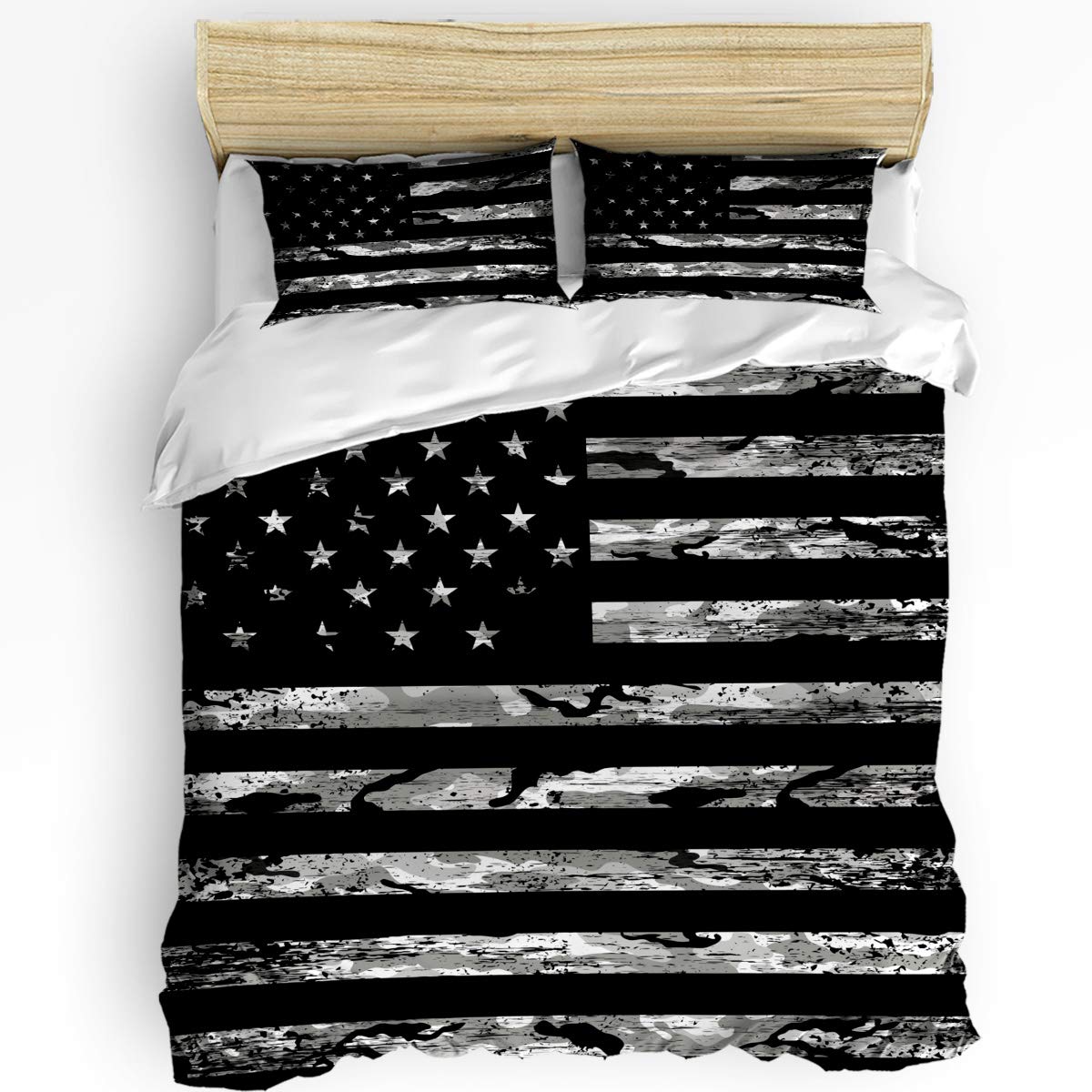 3 Piece Camo Duvet Cover Set Twin Size - Lightweight Soft Comforter Cover with 2 Pillow Shams | Patriotic US Flag Design Bedding for Boys Room, College Dorm & Military Themed Bedroom Decor