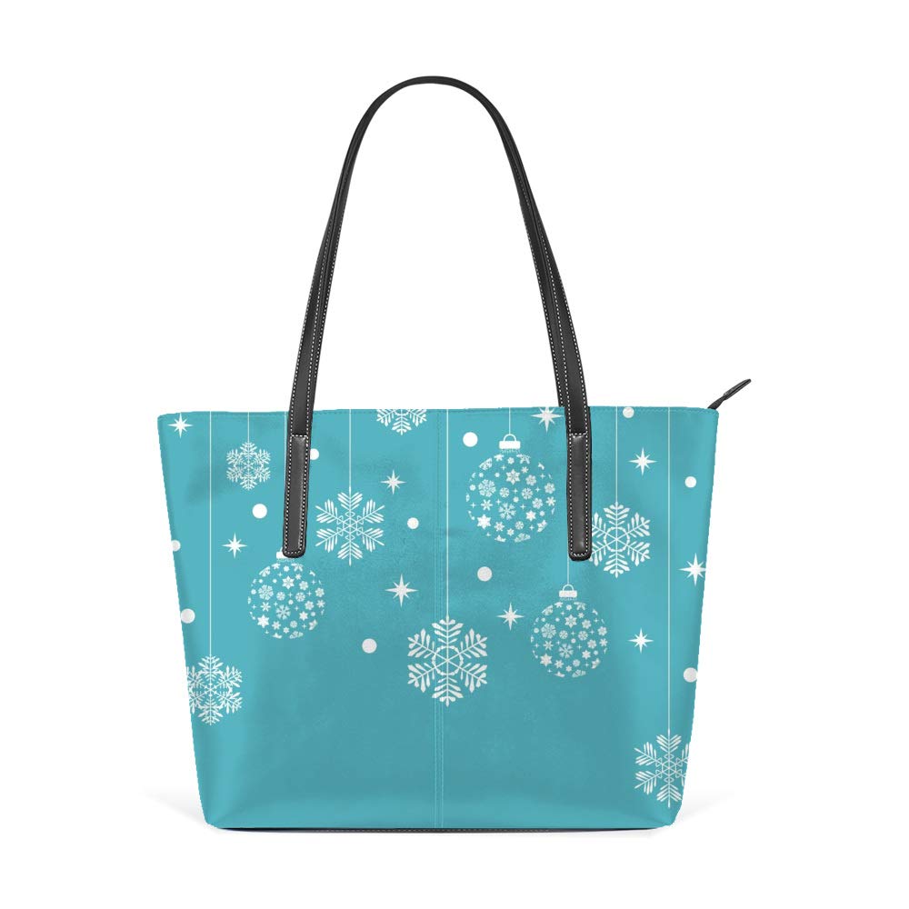 Stylish Large PU Leather Tote Bag for Women - Fashionable Snowflakes & Balls Design Blue Handbag - Perfect for Work, Shopping & Casual Everyday Use