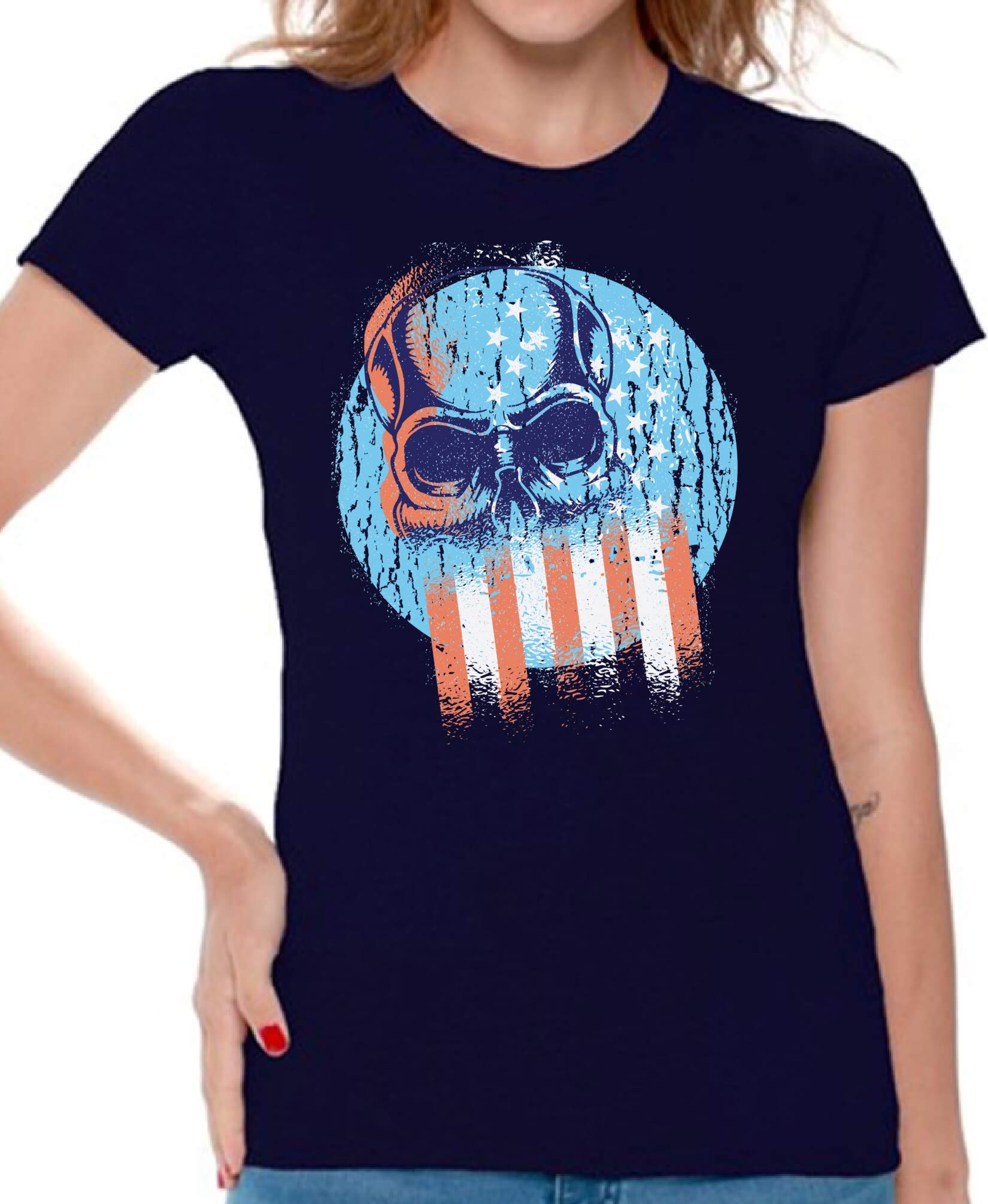 Skull & American Flag T-Shirt for Women | Vintage Patriotic Graphic Tee | Casual Wear, Street Style & Festival Outfit