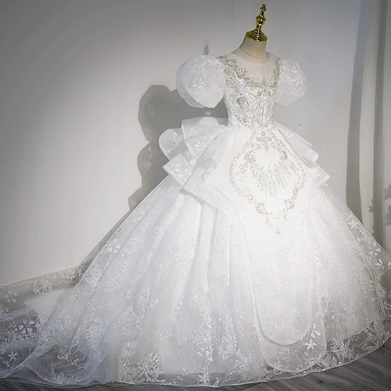 Sparkling White Princess Round Floor Length Sequined Flower Girl Dress for Weddings, Pageants & Special Occasions