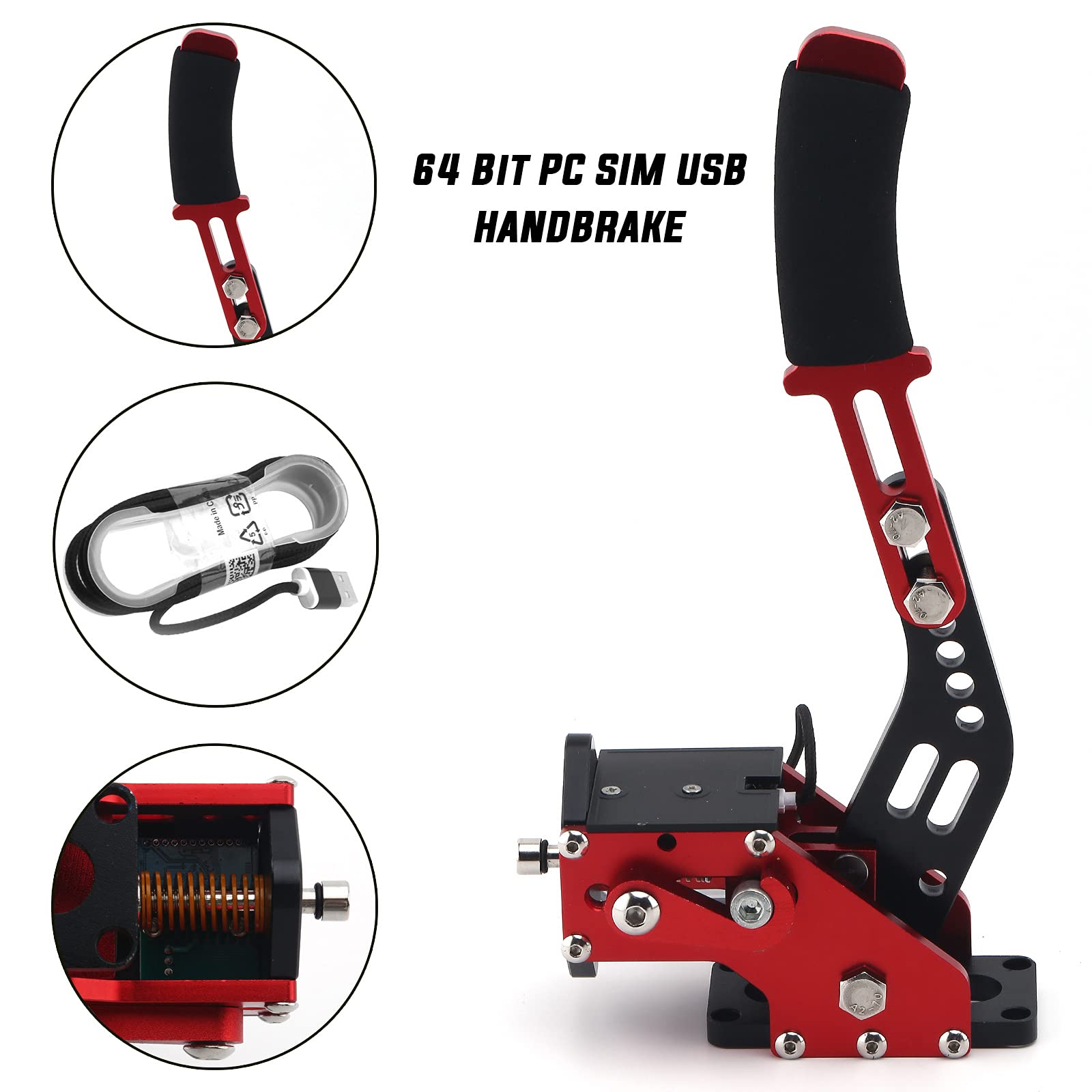 Muge Racing USB Handbrake - 64-bit PC Sim Racing Handbrake with Clamp for Logitech G27 G25 G29, Thrustmaster T500 T300, Fanatec OSW - Compatible with Dirt Rally 2.0, LFS (Red) - Perfect for Sim Racing, Drifting & Rally Games