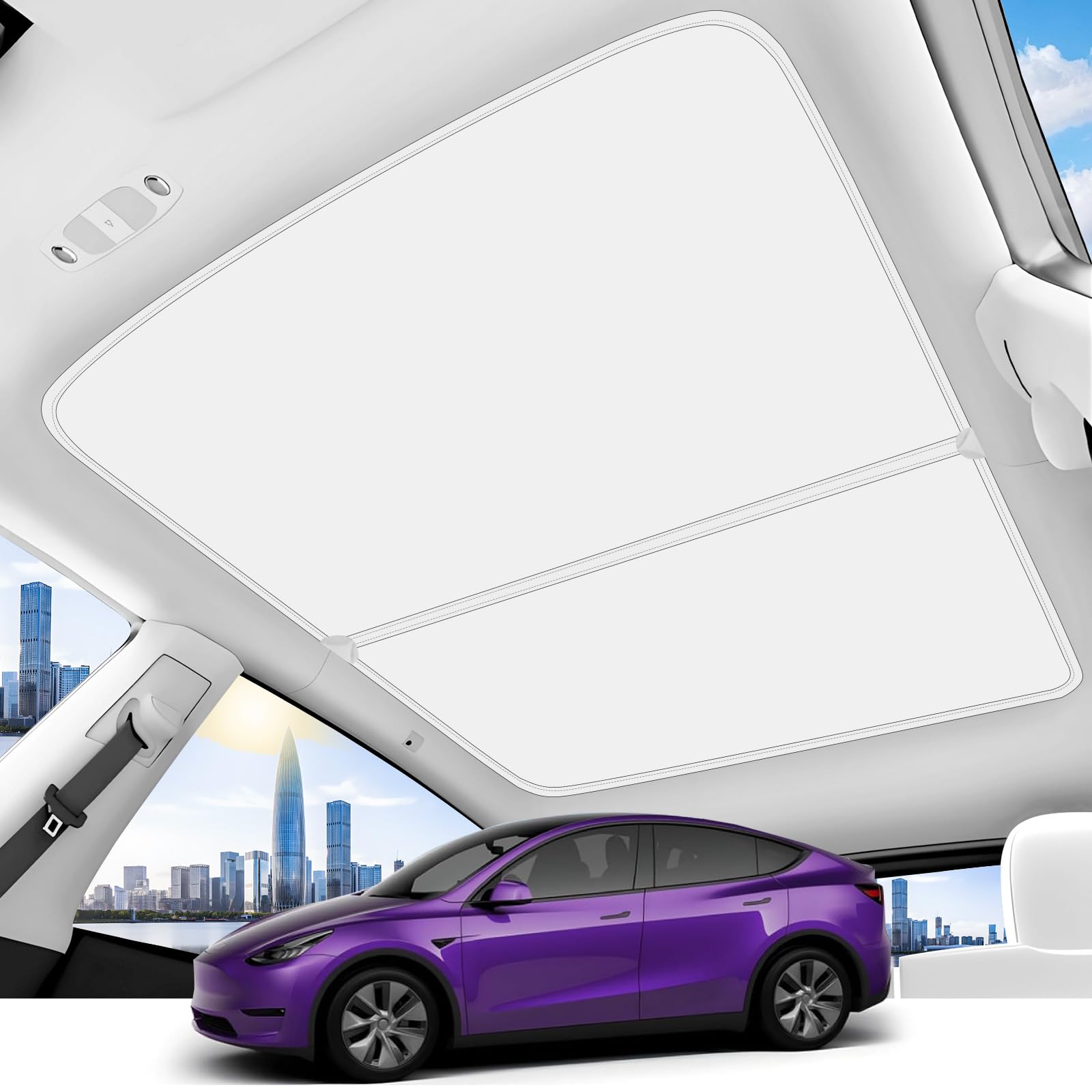 2025 Tesla Model Y Sunshade Roof Cover - No Gap & Sag-Free Design with Magnetic Middle Component | Heat Insulation & UV Protection for Glass Roof | Compatible with Model Y 2020-2025 (White/Beige) | Perfect for Summer Driving & Parking Outdoor