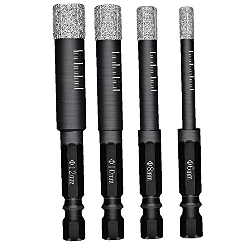 Premium Diamond Drill Bit Set (6mm/8mm/10mm/12mm) - Hex Shank Vacuum Brazed Core Bits for Glass, Tile & Ceramics - 4PC Dry Drilling Kit for DIY & Professional Use