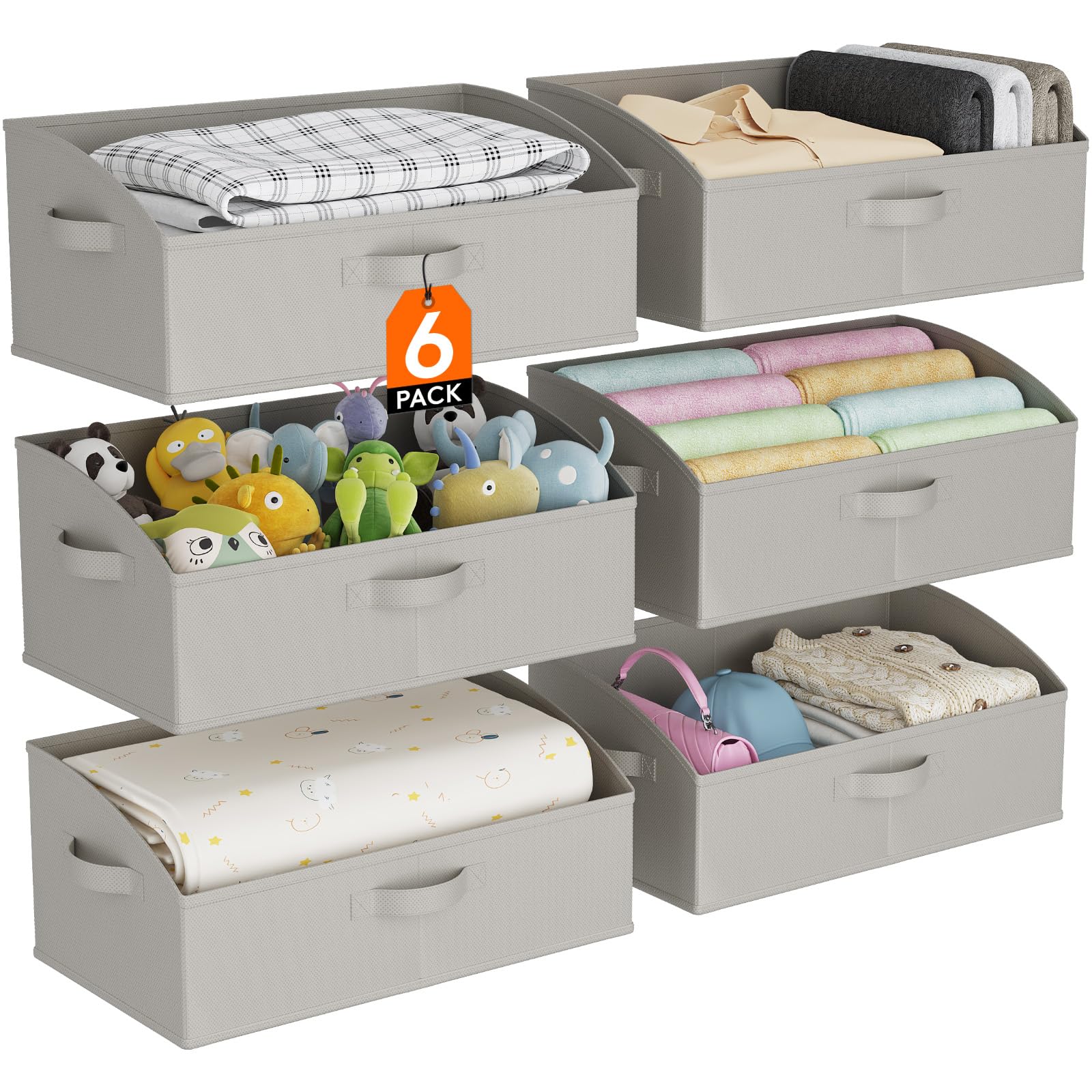 Lifewit 6-Pack Foldable Non-Woven Fabric Storage Baskets with Handles - Trapezoid Closet Organizer Bins for Shelves | Perfect for Clothes, Toys, Towels, Books, DVDs & Hats | Space-Saving Home & Office Organization Solution (Light Grey)