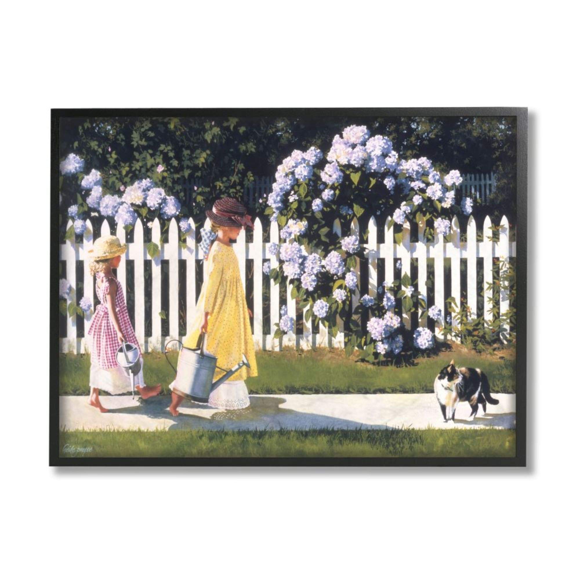 Stupell Industries Girls Gardening Neighborhood Sidewalk Picket Fence Framed Wall Art - 24x30, Black Frame by Heide Presse - Perfect for Kids Room, Nursery, or Playroom Decor
