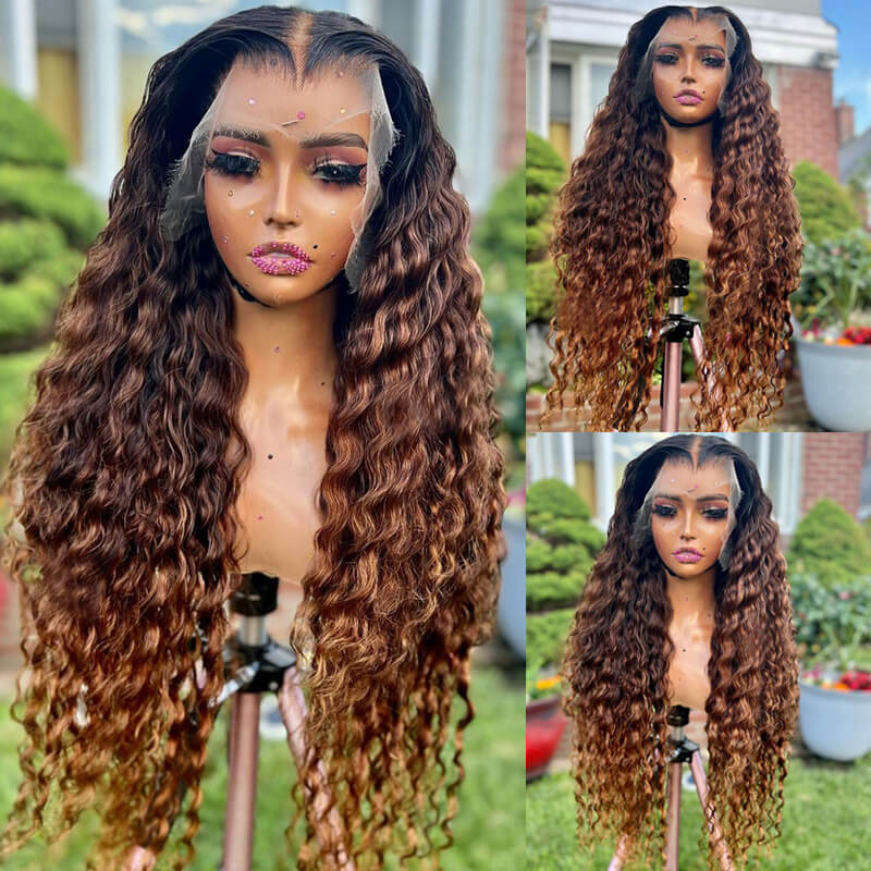 Eullair Ombre 1B/Brown Deep Curly Human Hair Wig with Transparent HD Lace Frontal - Natural Looking Wigs for Black Women | Perfect for Daily Wear, Parties & Special Occasions
