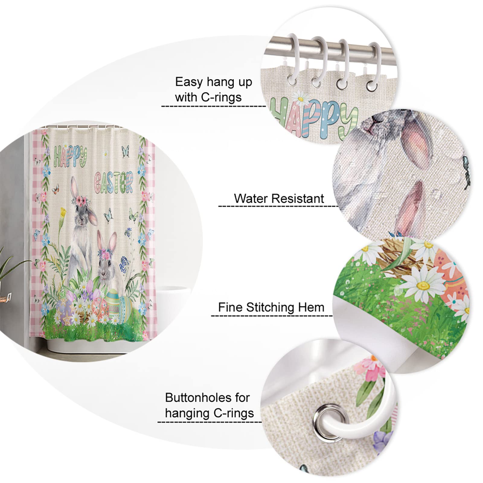 Easter Shower Curtain - Spring Floral Bunny Egg Design, Pink Buffalo Plaid Waterproof Fabric Bath Curtain 72x78 Inches for Bathroom Decor | Perfect for Easter, Spring Season & Farmhouse Style Bathrooms
